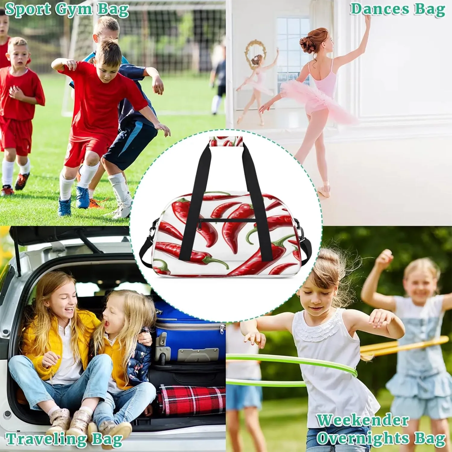 Chili Peppers Small Gym Bag for Women Men, Food Travel Duffle Bag Workout Dance Tote Bag Carry On Overnight Weekender Bag
