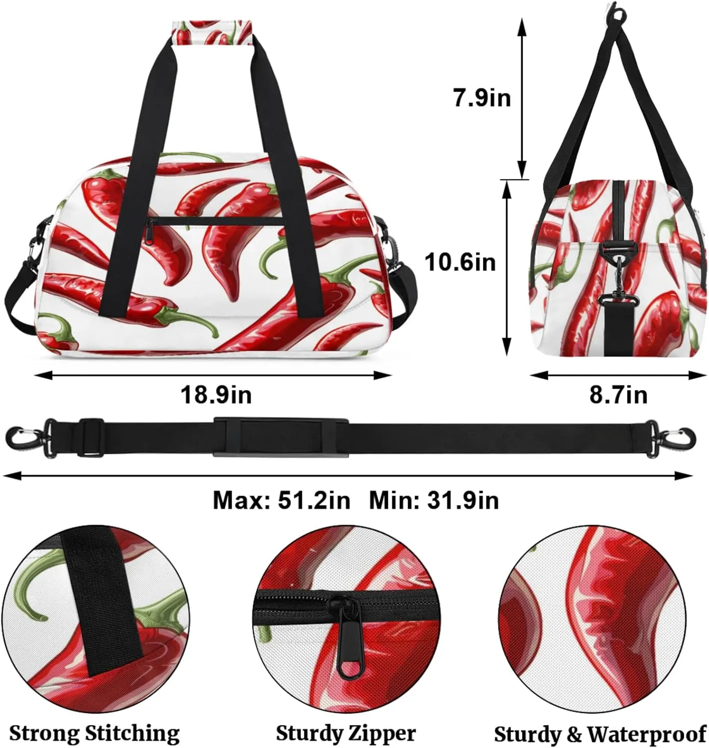 Chili Peppers Small Gym Bag for Women Men, Food Travel Duffle Bag Workout Dance Tote Bag Carry On Overnight Weekender Bag