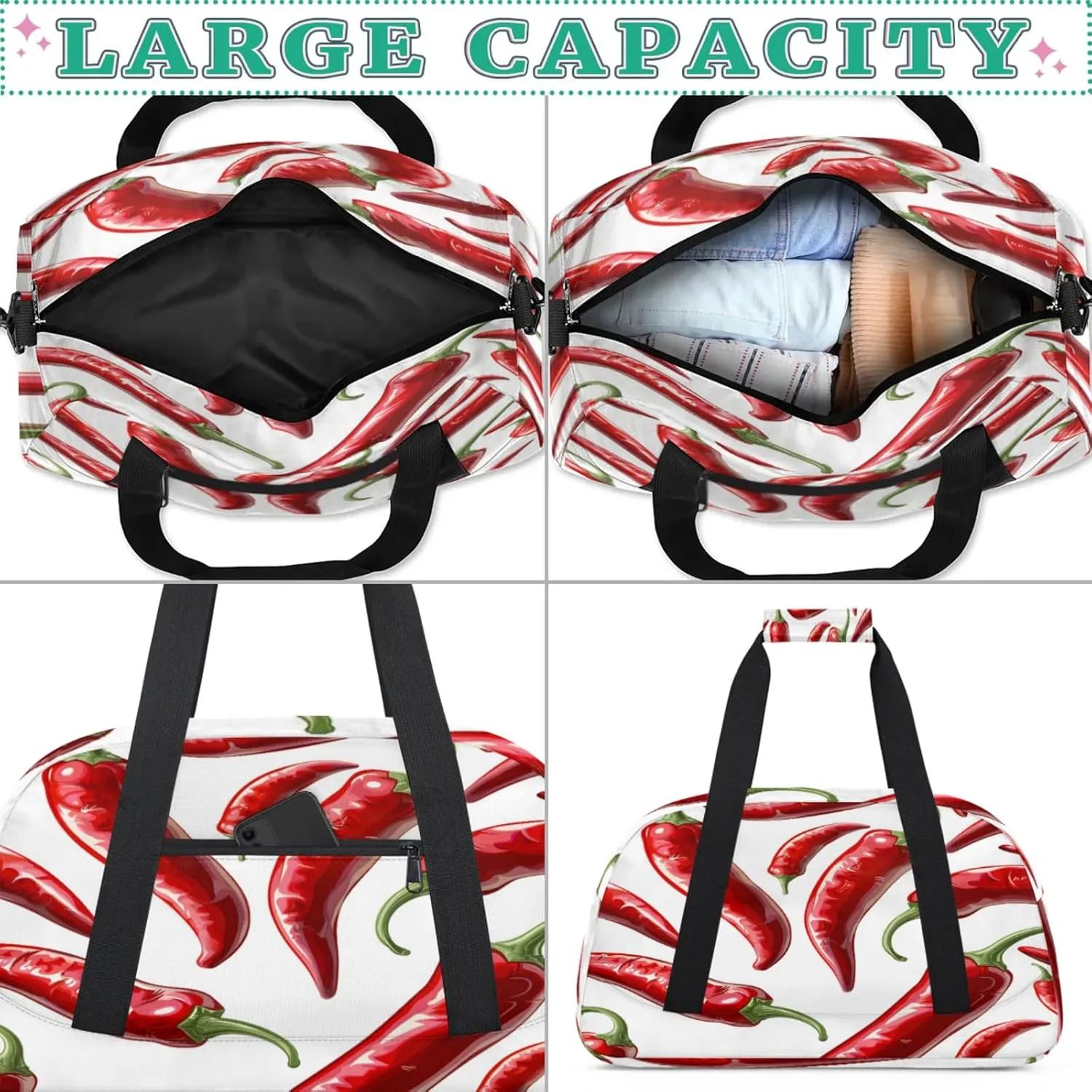 Chili Peppers Small Gym Bag for Women Men, Food Travel Duffle Bag Workout Dance Tote Bag Carry On Overnight Weekender Bag