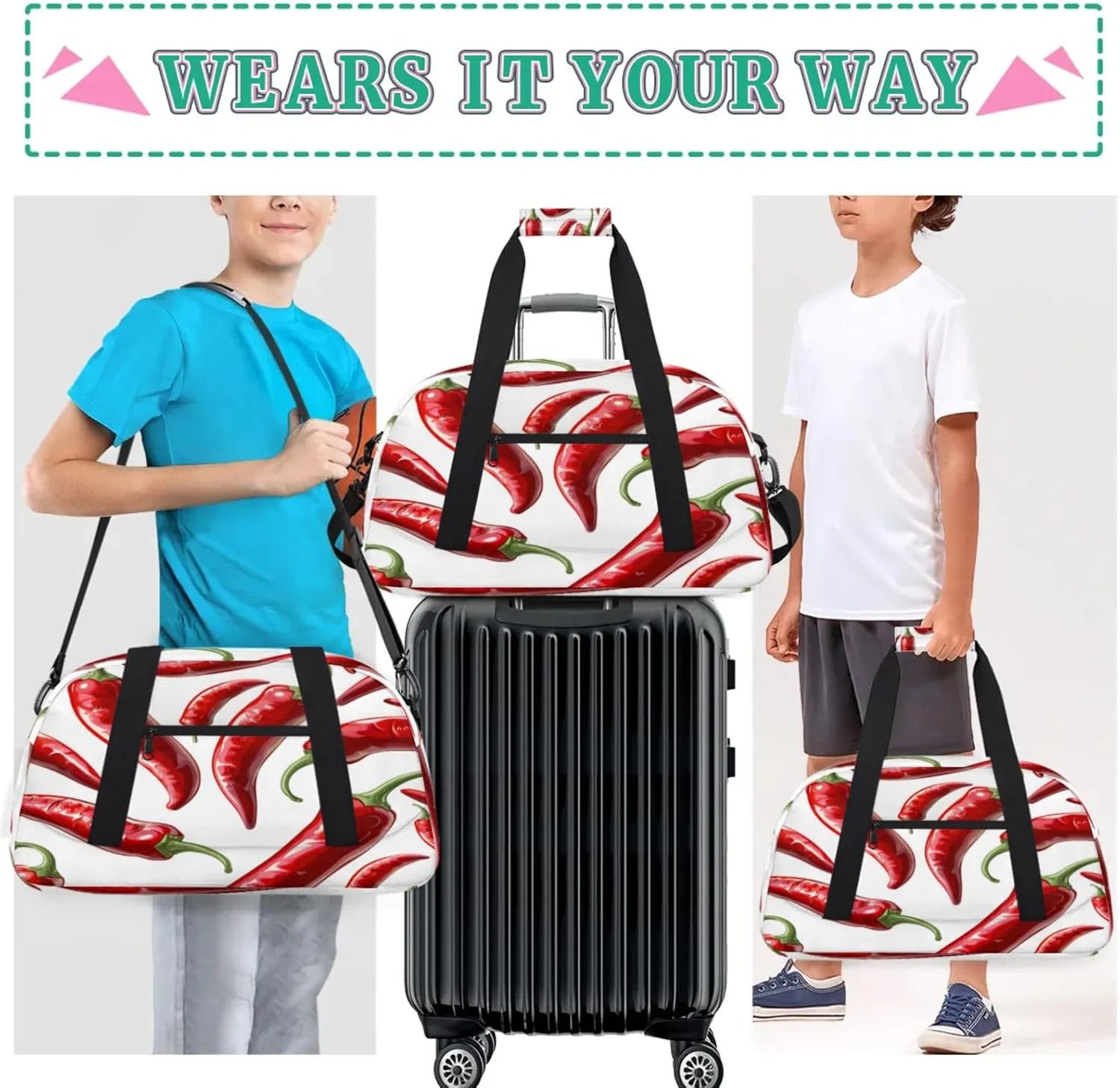 Chili Peppers Small Gym Bag for Women Men, Food Travel Duffle Bag Workout Dance Tote Bag Carry On Overnight Weekender Bag