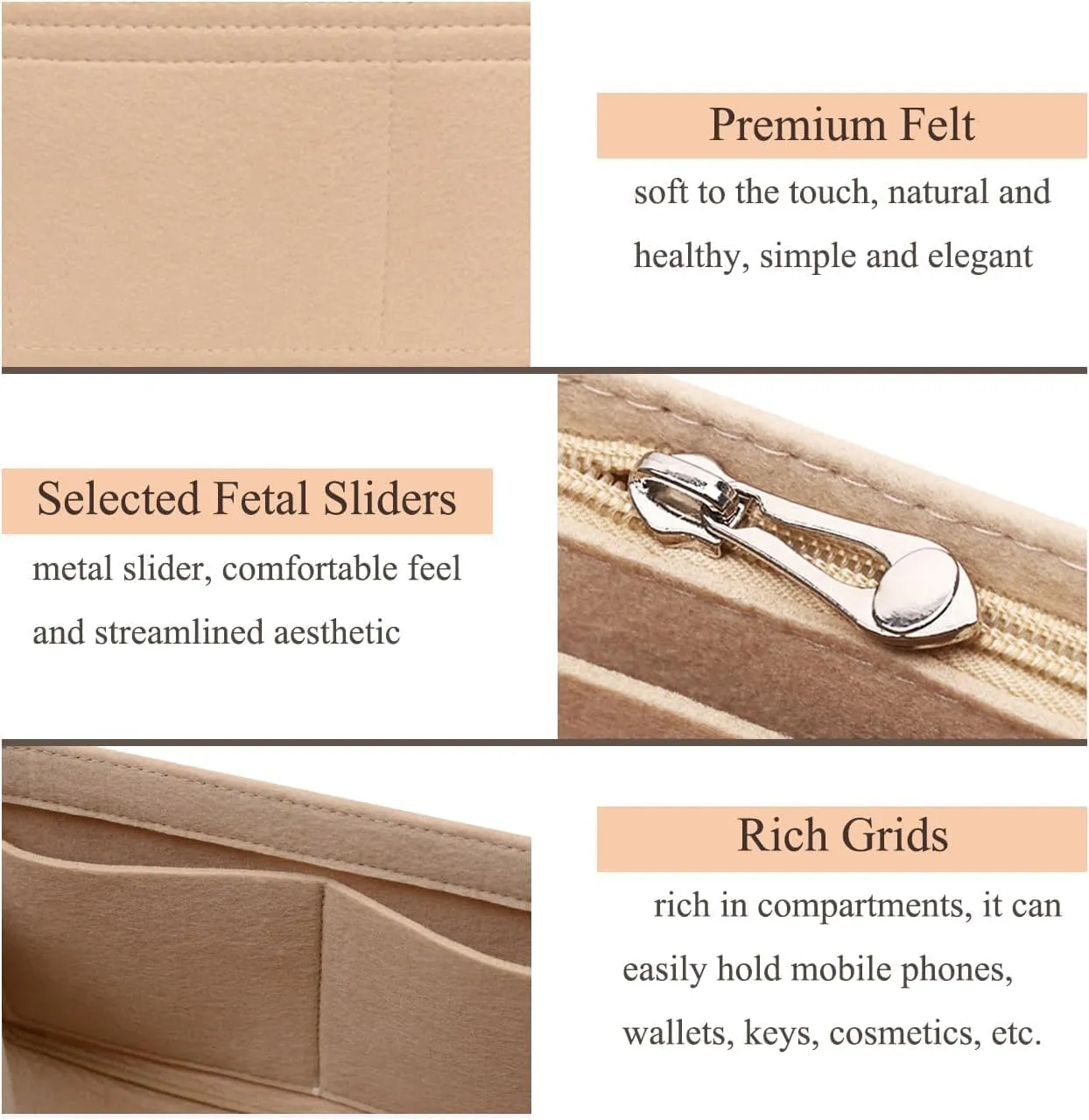 Chispee Purse Organizer Insert Felt Bag Organizer with Zipper for Baguette Small Purse Organizer Insert Handbags Organizer for Women Bag (Small, Beige)