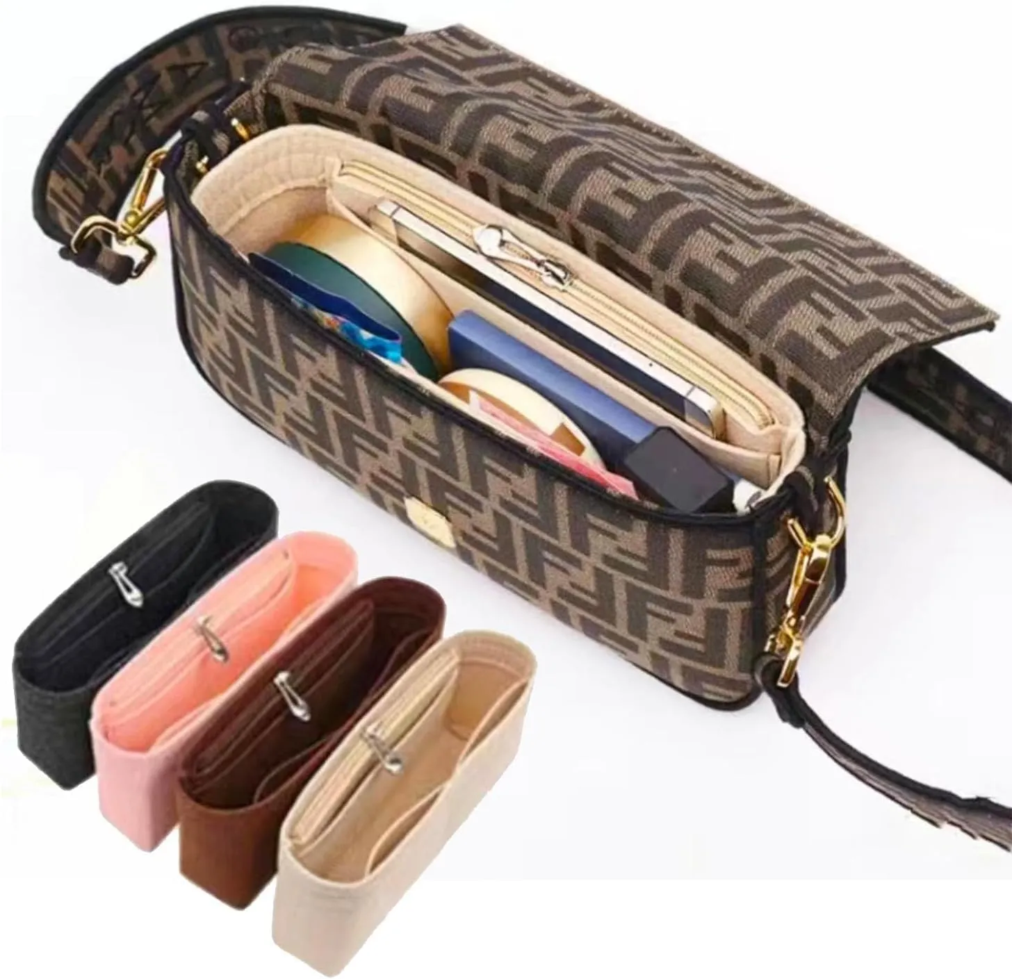 Chispee Zipper Softened Felt Purse Organizer Insert for Baguette, Tote, Longchamp Handbags Lightweight Bag Organizer with Multiple Pockets (Medium,Beige)
