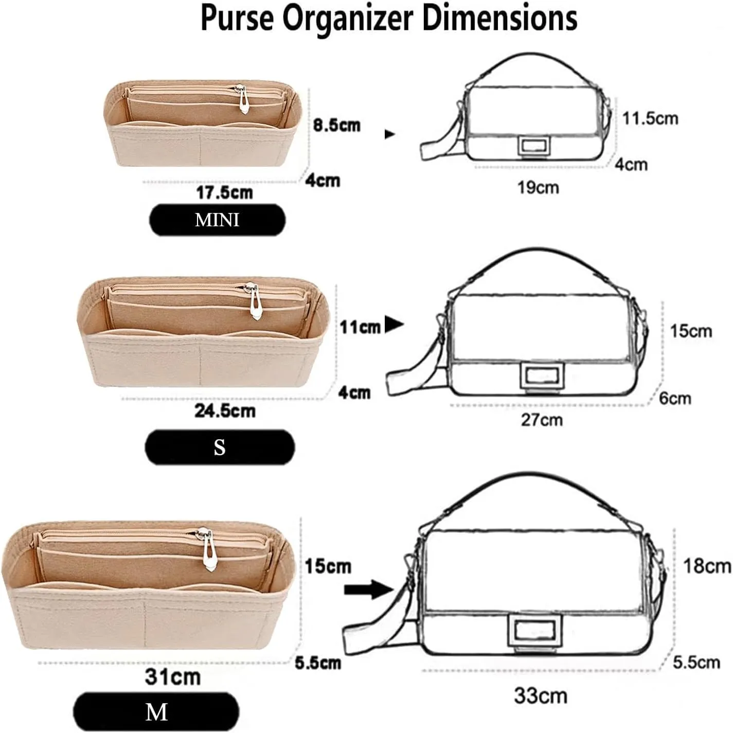 Chispee Zipper Softened Felt Purse Organizer Insert for Baguette, Tote, Longchamp Handbags Lightweight Bag Organizer with Multiple Pockets (Medium,Beige)