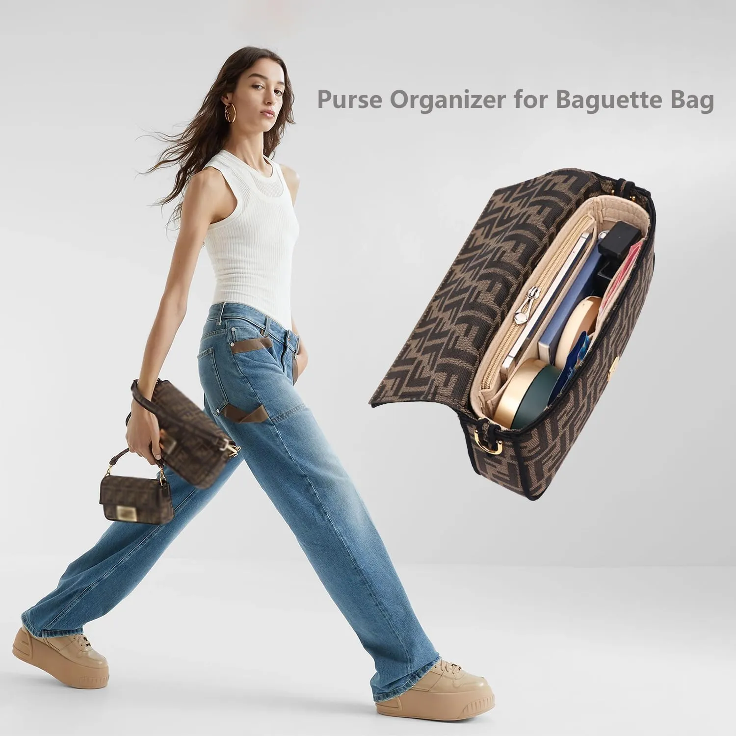 Chispee Zipper Softened Felt Purse Organizer Insert for Baguette, Tote, Longchamp Handbags Lightweight Bag Organizer with Multiple Pockets (Medium,Beige)