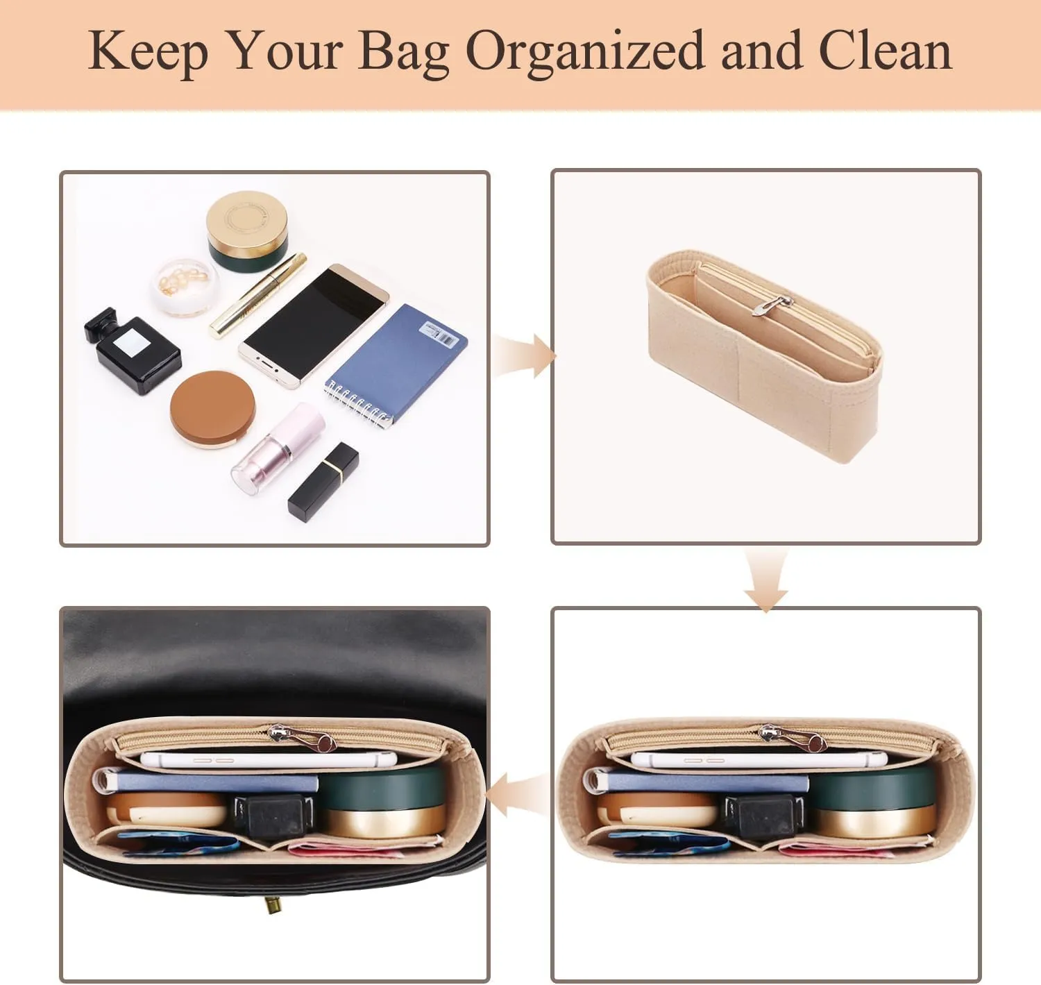 Chispee Zipper Softened Felt Purse Organizer Insert for Baguette, Tote, Longchamp Handbags Lightweight Bag Organizer with Multiple Pockets (Medium,Beige)