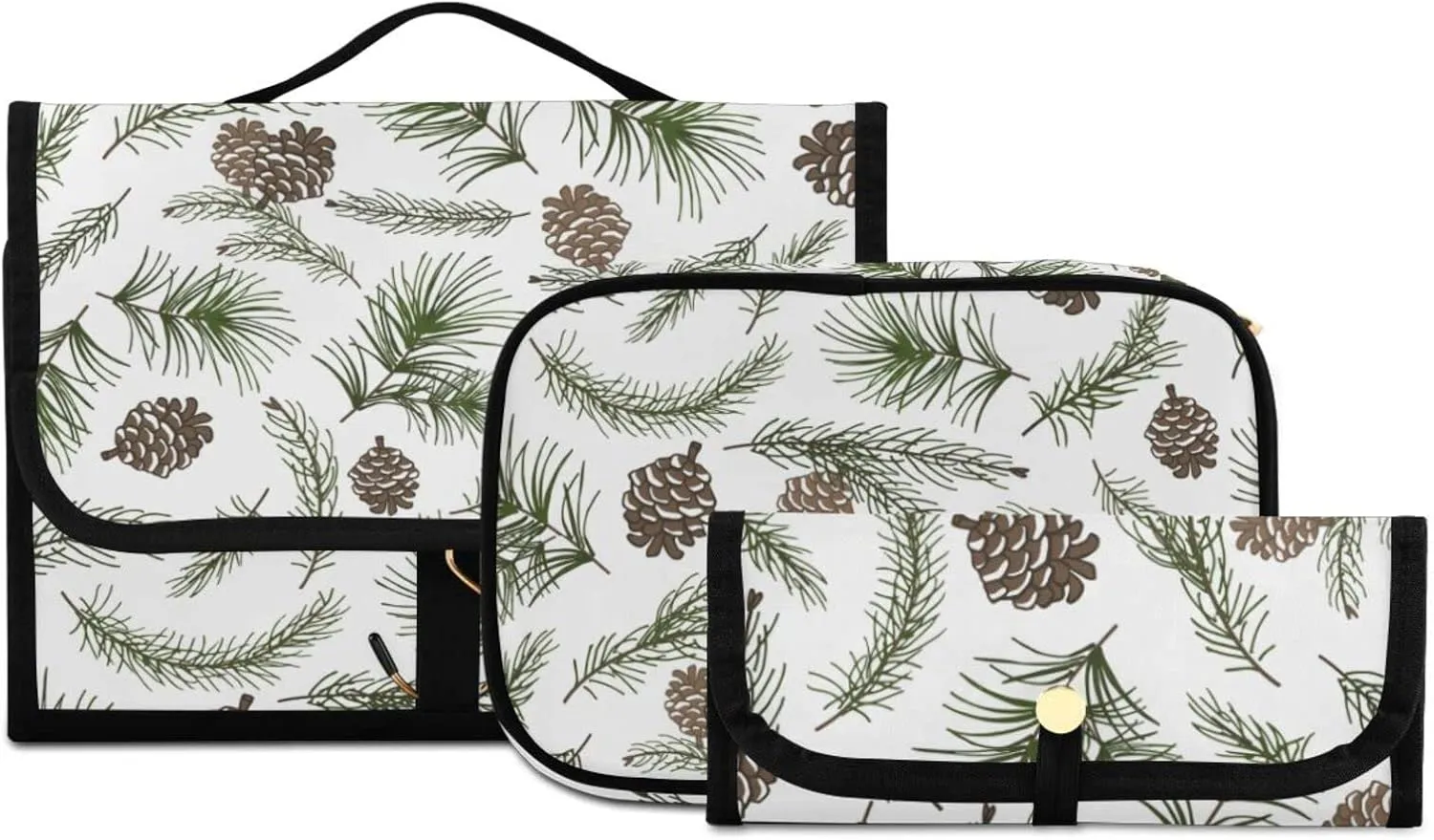 Christmas Tree Green Branches, Pine Cone Fir, Spruce 3 PCs Set Toiletry bags, 1 Women's Travel Cosmetic Bag, 1 Hanging Toiletry Wash Bag, 1 Brush Case, Portable Makeup Storage Case