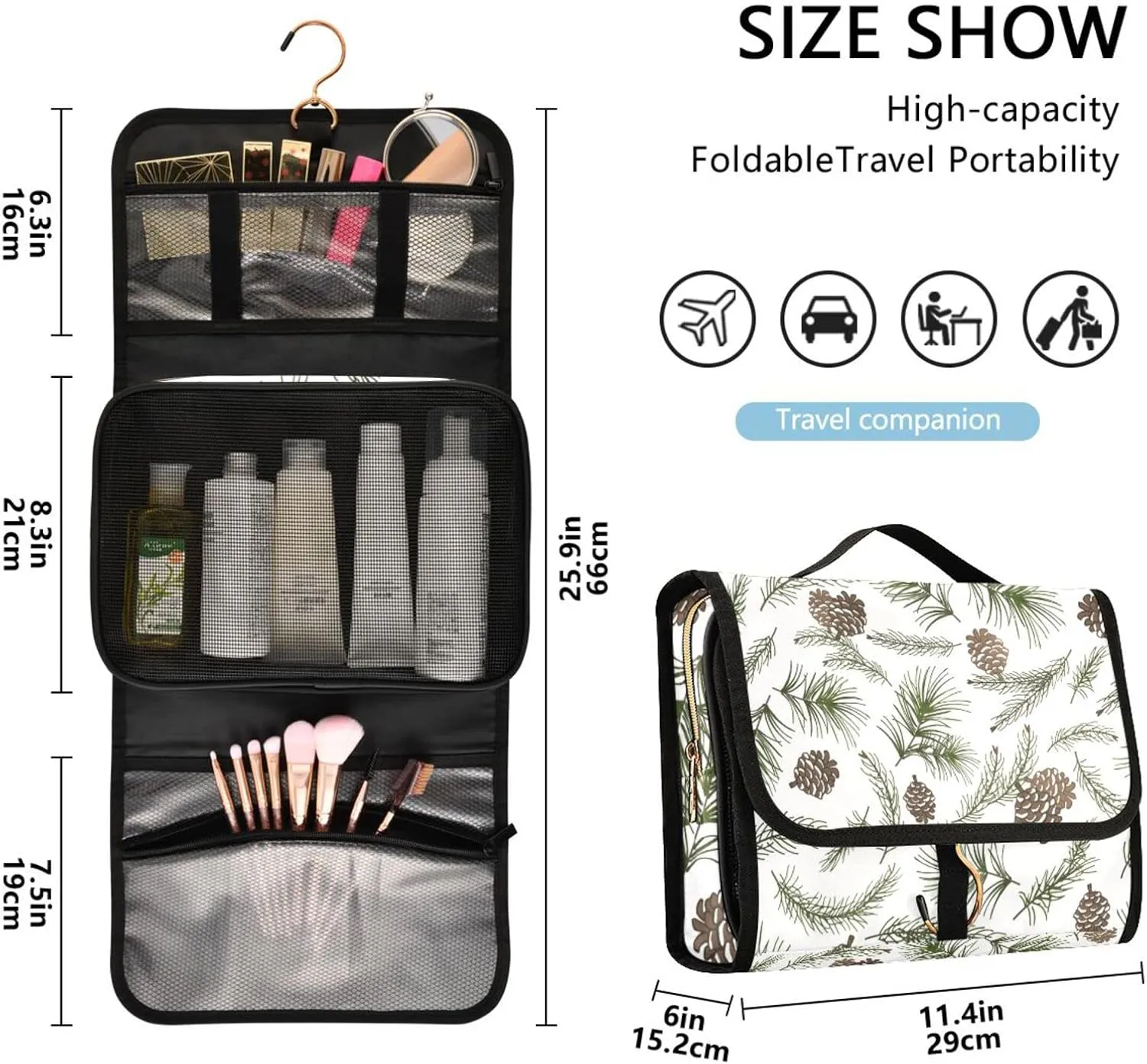 Christmas Tree Green Branches, Pine Cone Fir, Spruce 3 PCs Set Toiletry bags, 1 Women's Travel Cosmetic Bag, 1 Hanging Toiletry Wash Bag, 1 Brush Case, Portable Makeup Storage Case