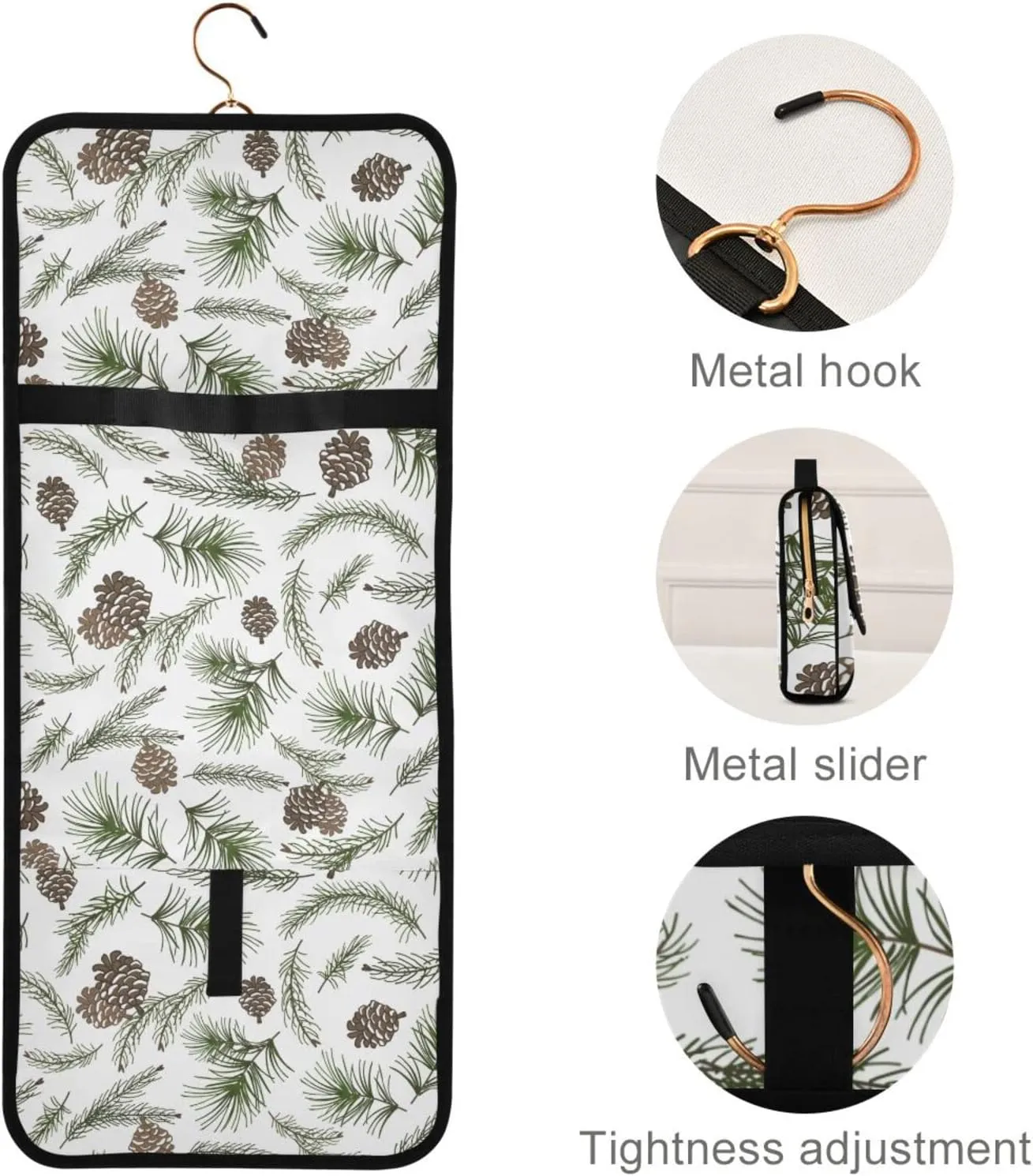 Christmas Tree Green Branches, Pine Cone Fir, Spruce 3 PCs Set Toiletry bags, 1 Women's Travel Cosmetic Bag, 1 Hanging Toiletry Wash Bag, 1 Brush Case, Portable Makeup Storage Case