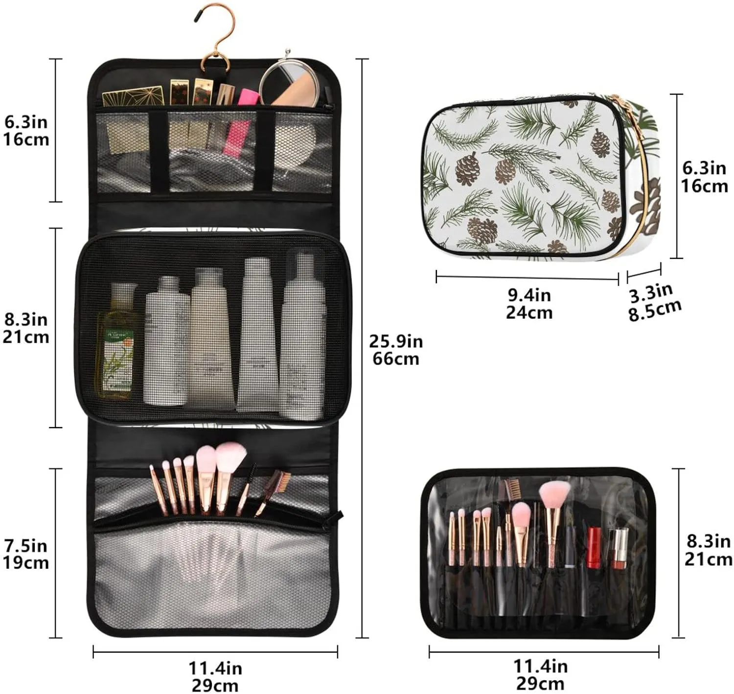 Christmas Tree Green Branches, Pine Cone Fir, Spruce 3 PCs Set Toiletry bags, 1 Women's Travel Cosmetic Bag, 1 Hanging Toiletry Wash Bag, 1 Brush Case, Portable Makeup Storage Case