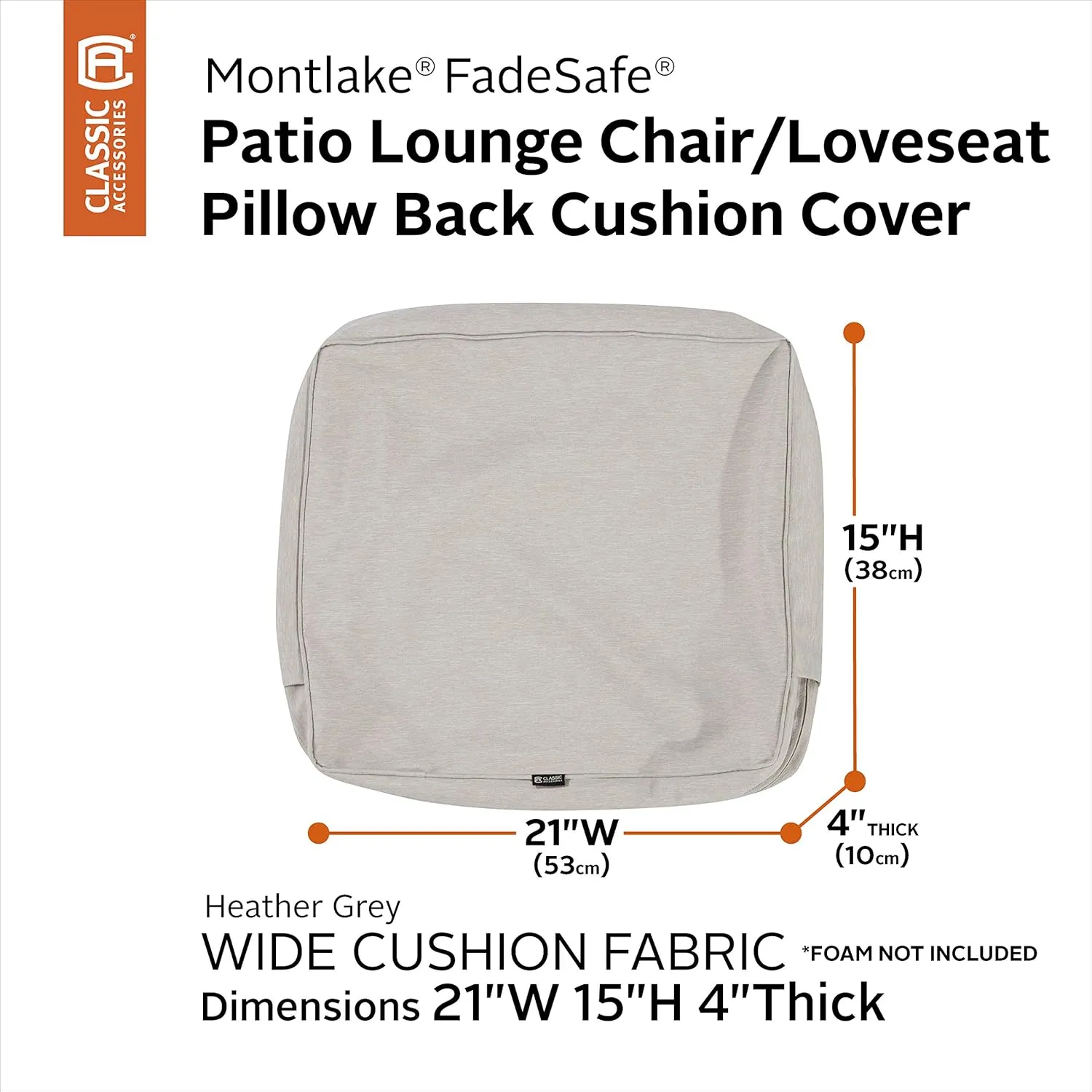 Classic Accessories Montlake FadeSafe Water-Resistant Patio Lounge Back Cushion Cover, 21 x 15 x 4 Inch, Heather Grey, Patio Furniture Cushion Covers