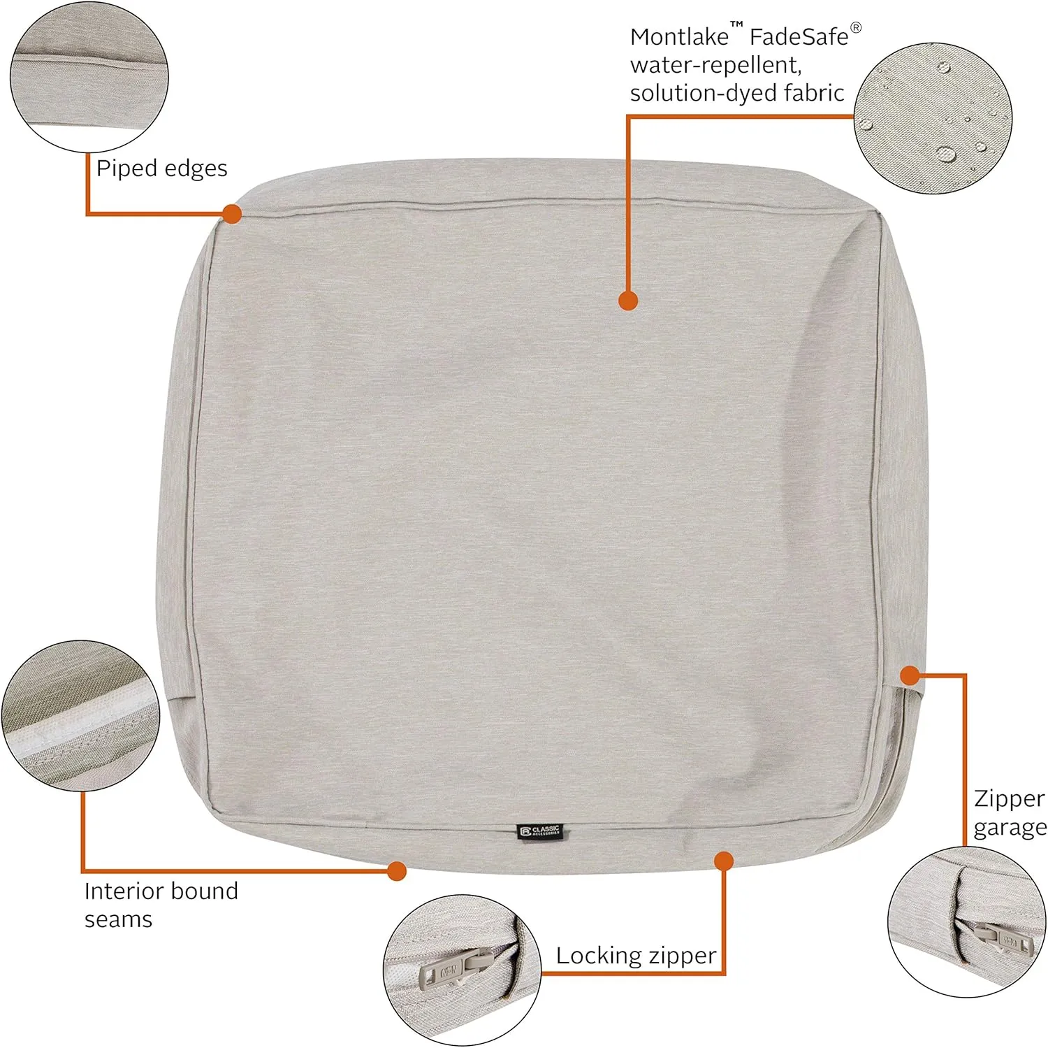 Classic Accessories Montlake FadeSafe Water-Resistant Patio Lounge Back Cushion Cover, 21 x 15 x 4 Inch, Heather Grey, Patio Furniture Cushion Covers