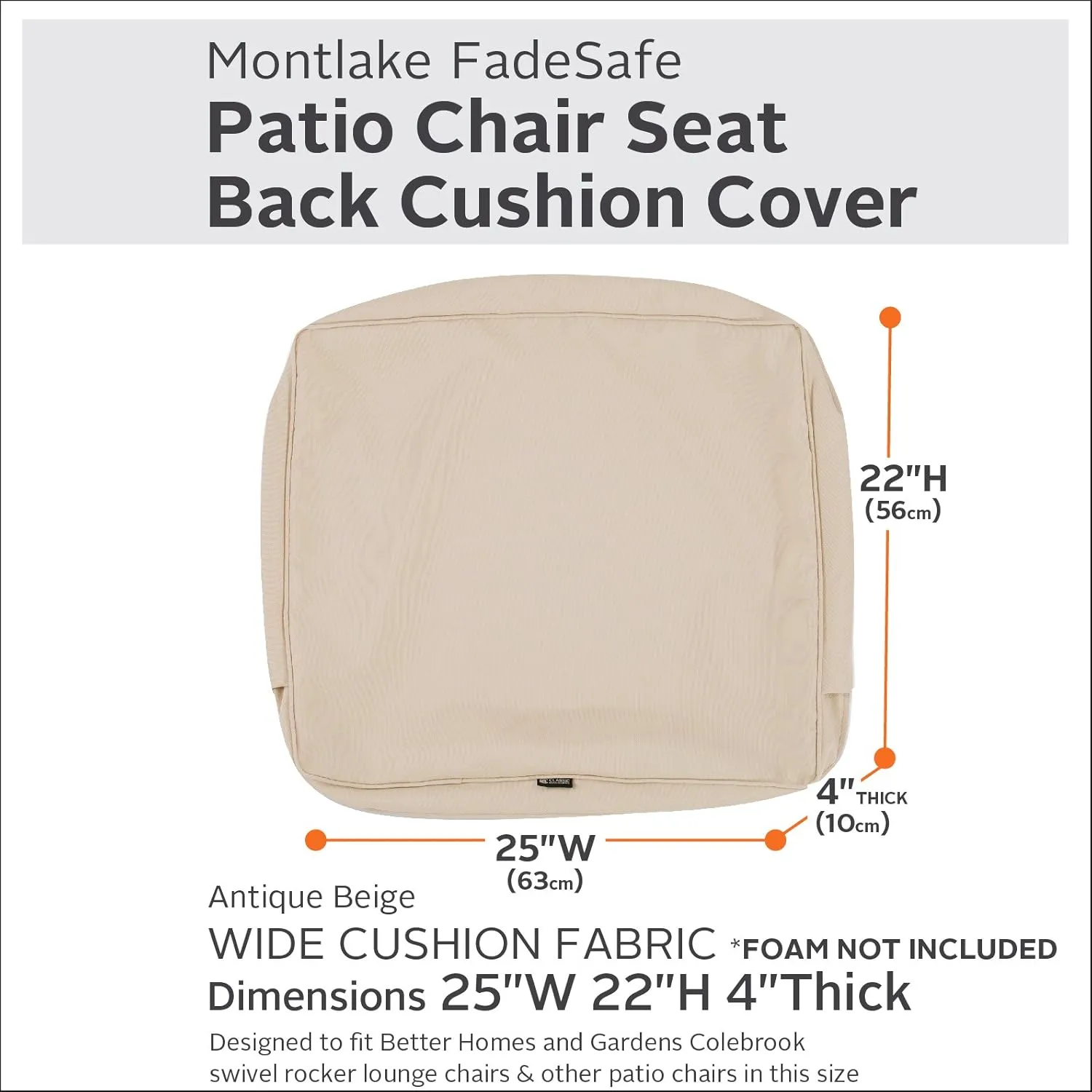 Classic Accessories Montlake Water-Resistant 25 x 22 x 4 Inch Outdoor Back Cushion Slip Cover, Patio Furniture Cushion Cover, Antique Beige, Patio Furniture Cushion Covers