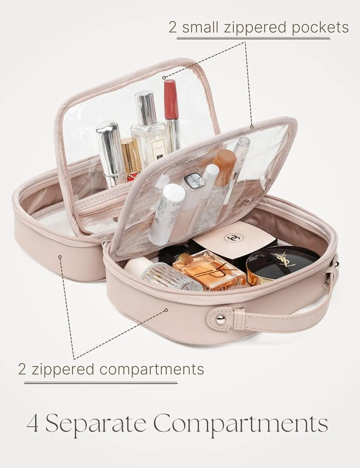 Clear Cosmetic Bag 2 Layer Travel Toiletry Bag Clear Makeup Bag Case with 4 Compartments, Transparent Travel Bag for Toiletries, Large Toiletry Bag for Women Cosmetic Case (Stone)
