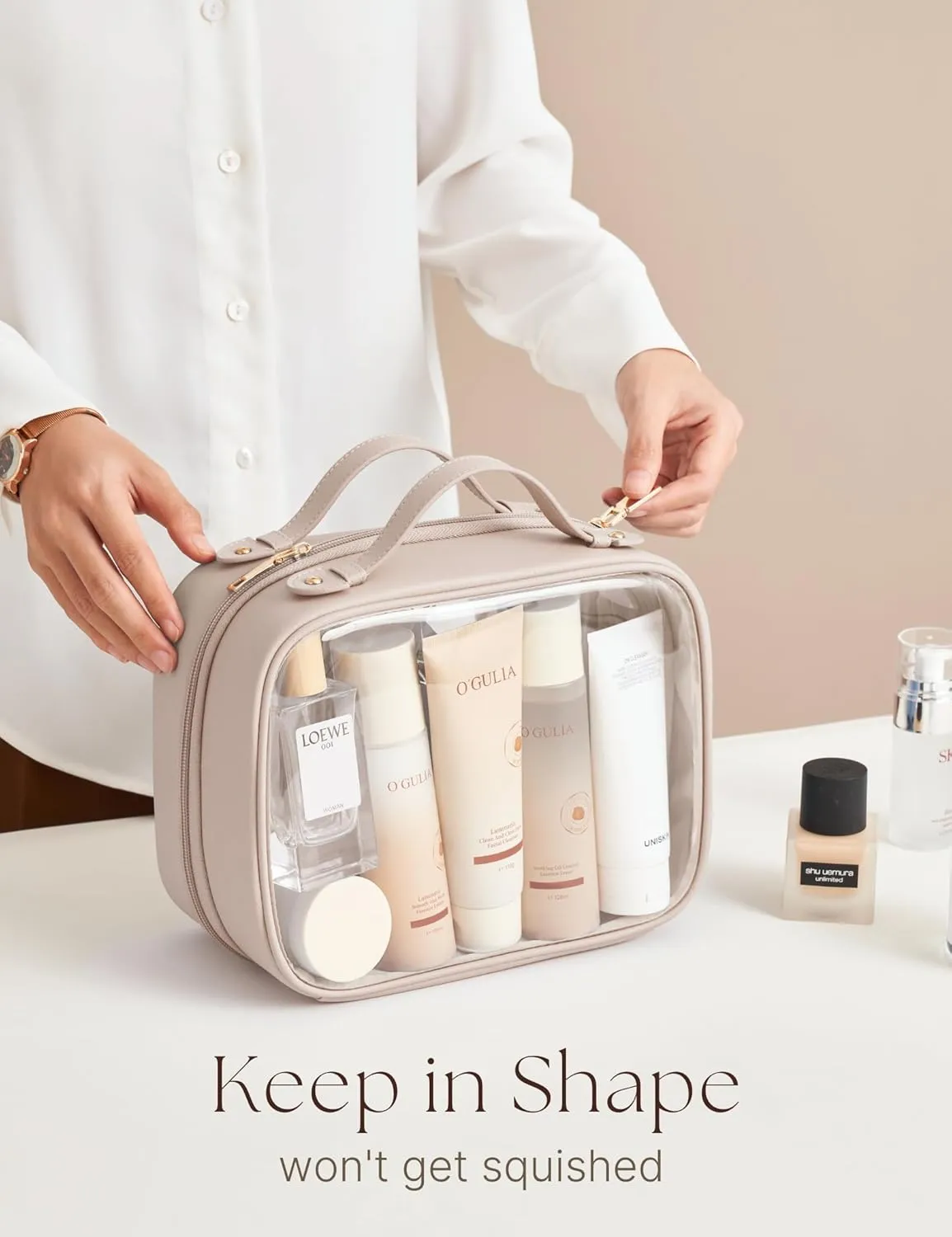 Clear Cosmetic Bag 2 Layer Travel Toiletry Bag Clear Makeup Bag Case with 4 Compartments, Transparent Travel Bag for Toiletries, Large Toiletry Bag for Women Cosmetic Case (Stone)