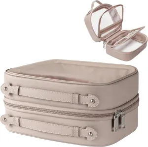 Clear Cosmetic Bag 2 Layer Travel Toiletry Bag Clear Makeup Bag Case with 4 Compartments, Transparent Travel Bag for Toiletries, Large Toiletry Bag for Women Cosmetic Case (Stone)
