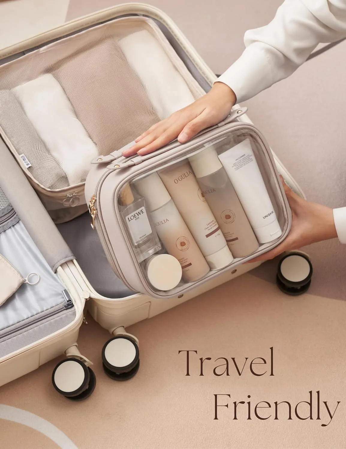 Clear Cosmetic Bag 2 Layer Travel Toiletry Bag Clear Makeup Bag Case with 4 Compartments, Transparent Travel Bag for Toiletries, Large Toiletry Bag for Women Cosmetic Case (Stone)