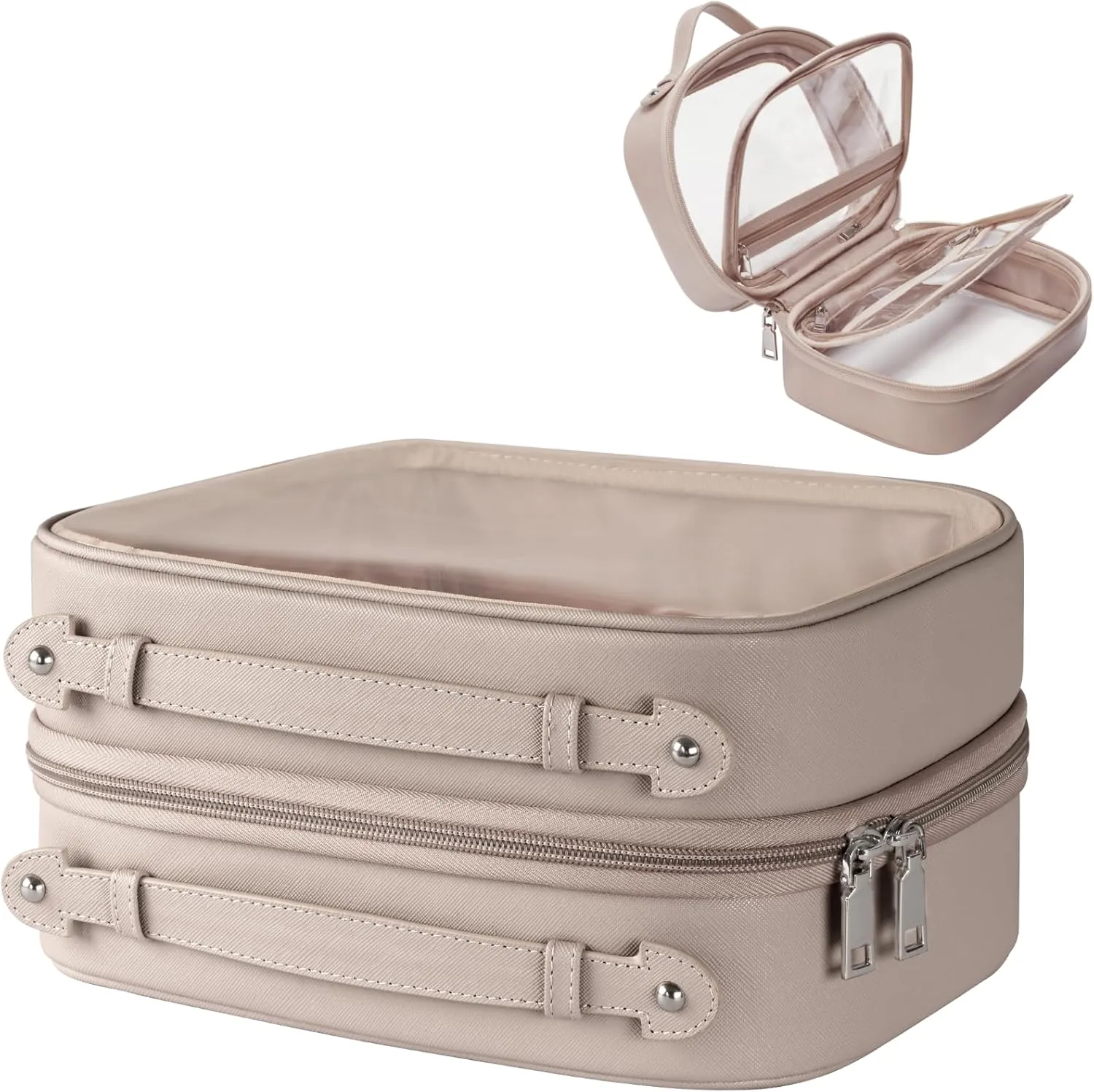 Clear Cosmetic Bag 2 Layer Travel Toiletry Bag Clear Makeup Bag Case with 4 Compartments, Transparent Travel Bag for Toiletries, Large Toiletry Bag for Women Cosmetic Case (Stone)