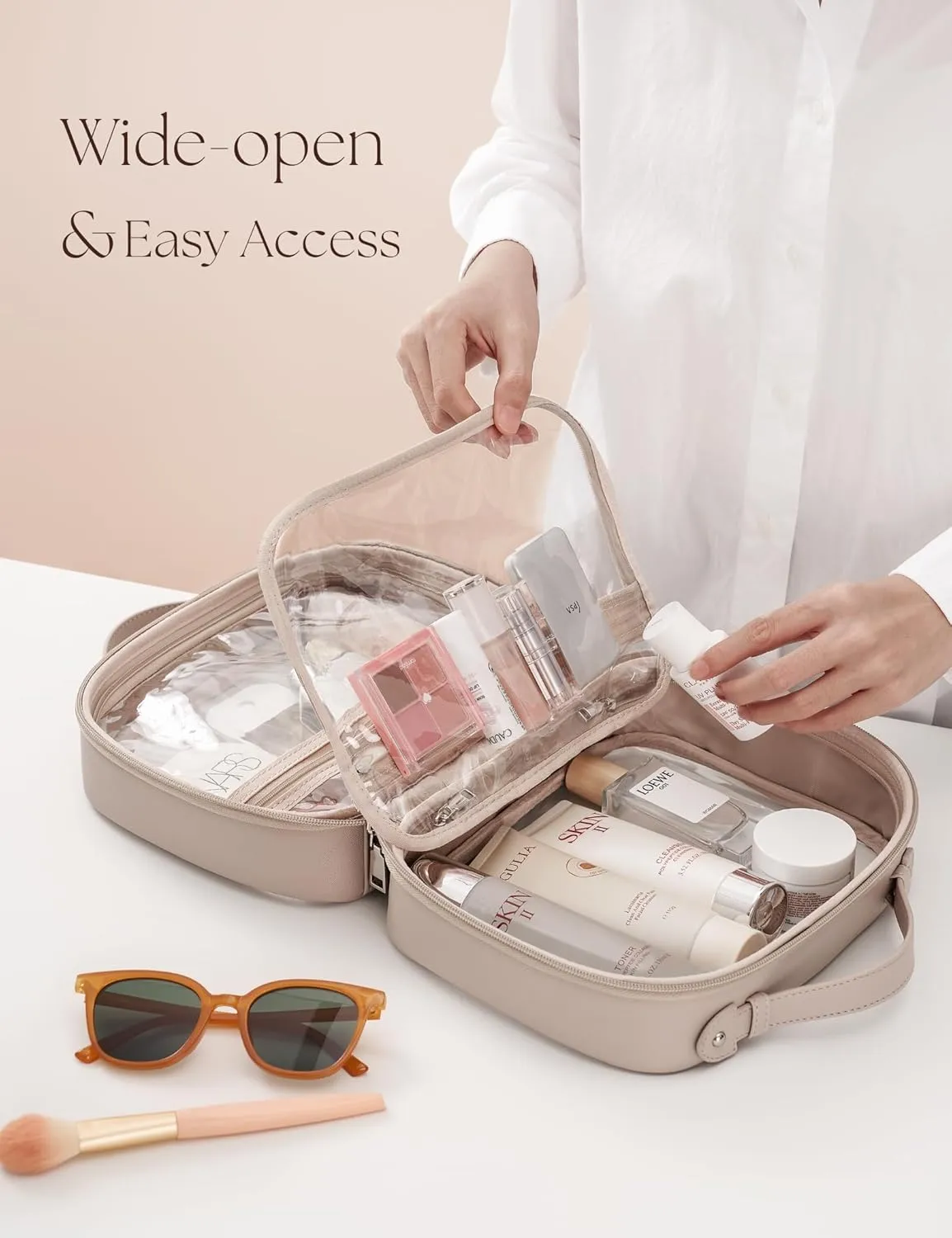 Clear Cosmetic Bag 2 Layer Travel Toiletry Bag Clear Makeup Bag Case with 4 Compartments, Transparent Travel Bag for Toiletries, Large Toiletry Bag for Women Cosmetic Case (Stone)