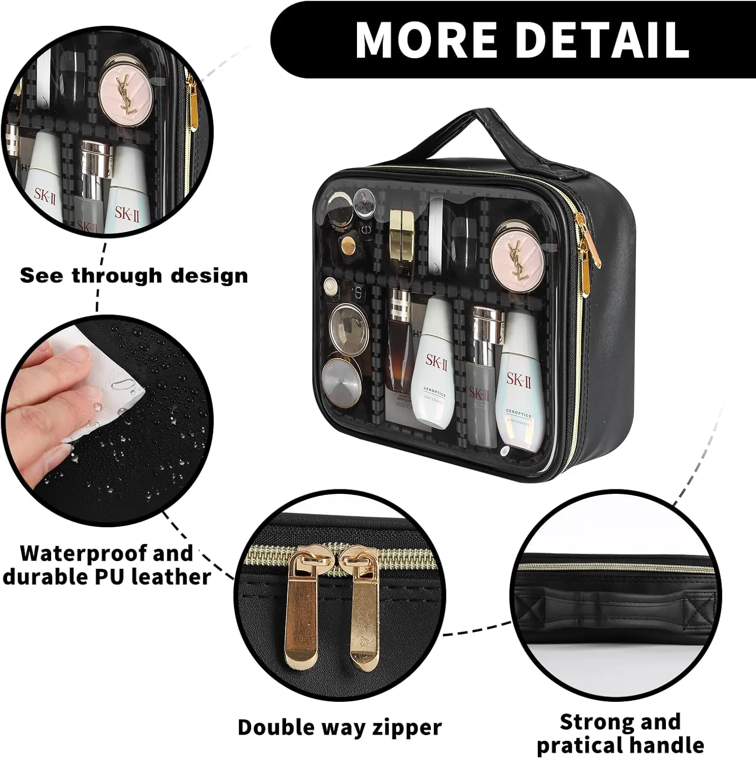 Clear Makeup Bag 10.6X3.7X8.7 inch Travel Cosmetic Organizer Bags for Women with Handle and Detachable Dividers, Portable Waterproof Cosmetic case, Gift for Women, Gift for Girls(Black)