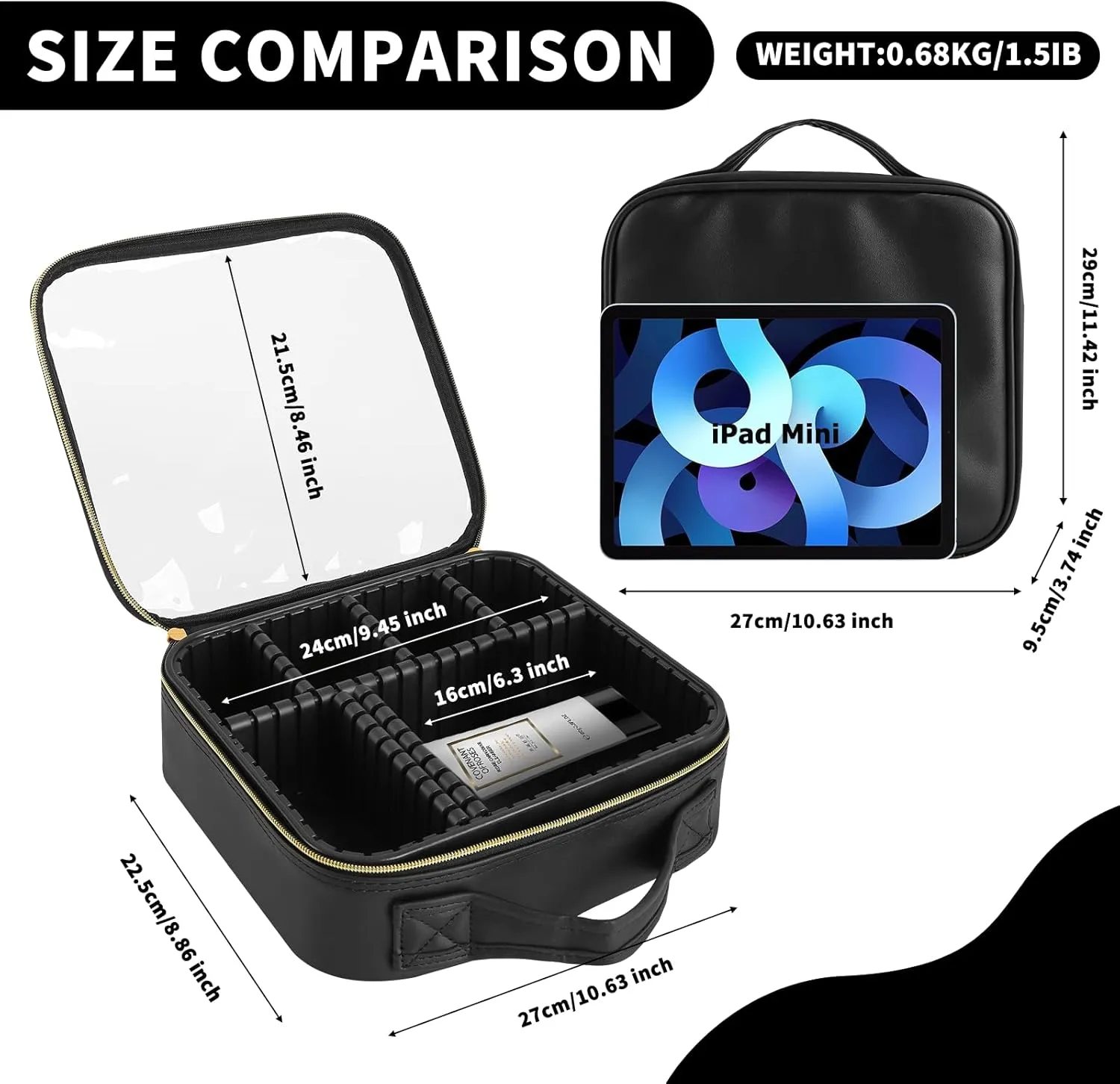 Clear Makeup Bag 10.6X3.7X8.7 inch Travel Cosmetic Organizer Bags for Women with Handle and Detachable Dividers, Portable Waterproof Cosmetic case, Gift for Women, Gift for Girls(Black)