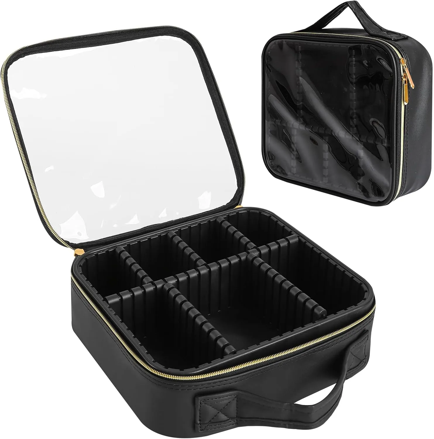 Clear Makeup Bag 10.6X3.7X8.7 inch Travel Cosmetic Organizer Bags for Women with Handle and Detachable Dividers, Portable Waterproof Cosmetic case, Gift for Women, Gift for Girls(Black)