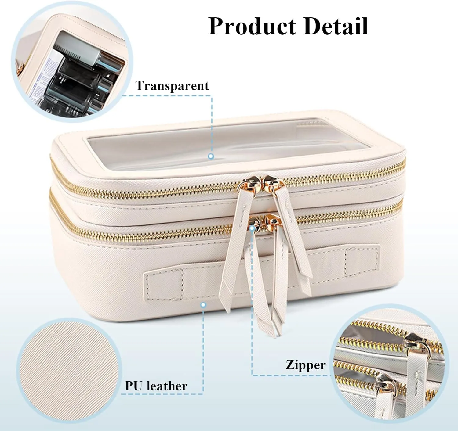 Clear Makeup Bag Double Layer Two Sided Travel Cosmetic Case Organizer for Women Toiletry Pouch with Transparent Vinyl Windows & Zippers (White)