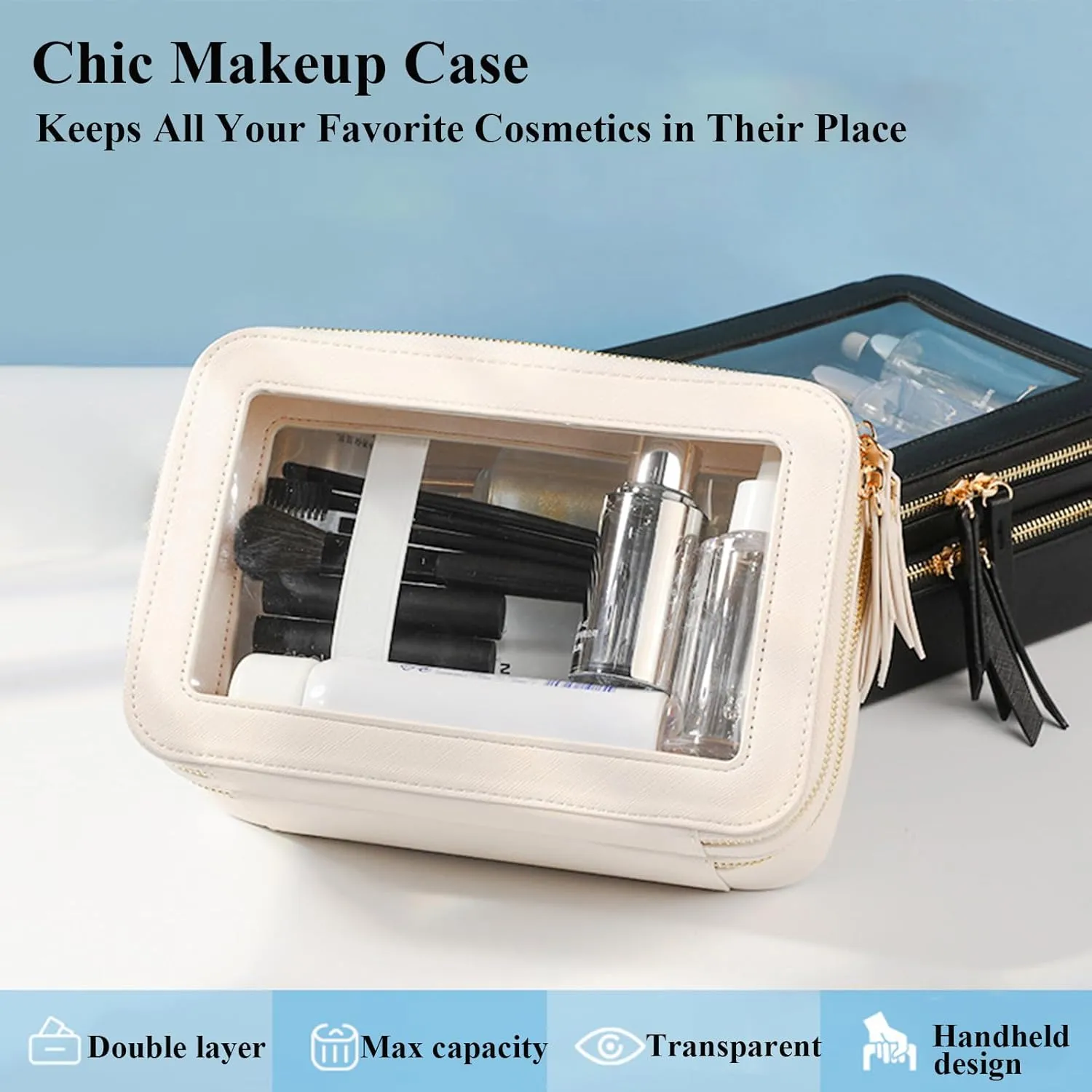 Clear Makeup Bag Double Layer Two Sided Travel Cosmetic Case Organizer for Women Toiletry Pouch with Transparent Vinyl Windows & Zippers (White)