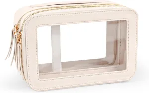 Clear Makeup Bag Double Layer Two Sided Travel Cosmetic Case Organizer for Women Toiletry Pouch with Transparent Vinyl Windows & Zippers (White)