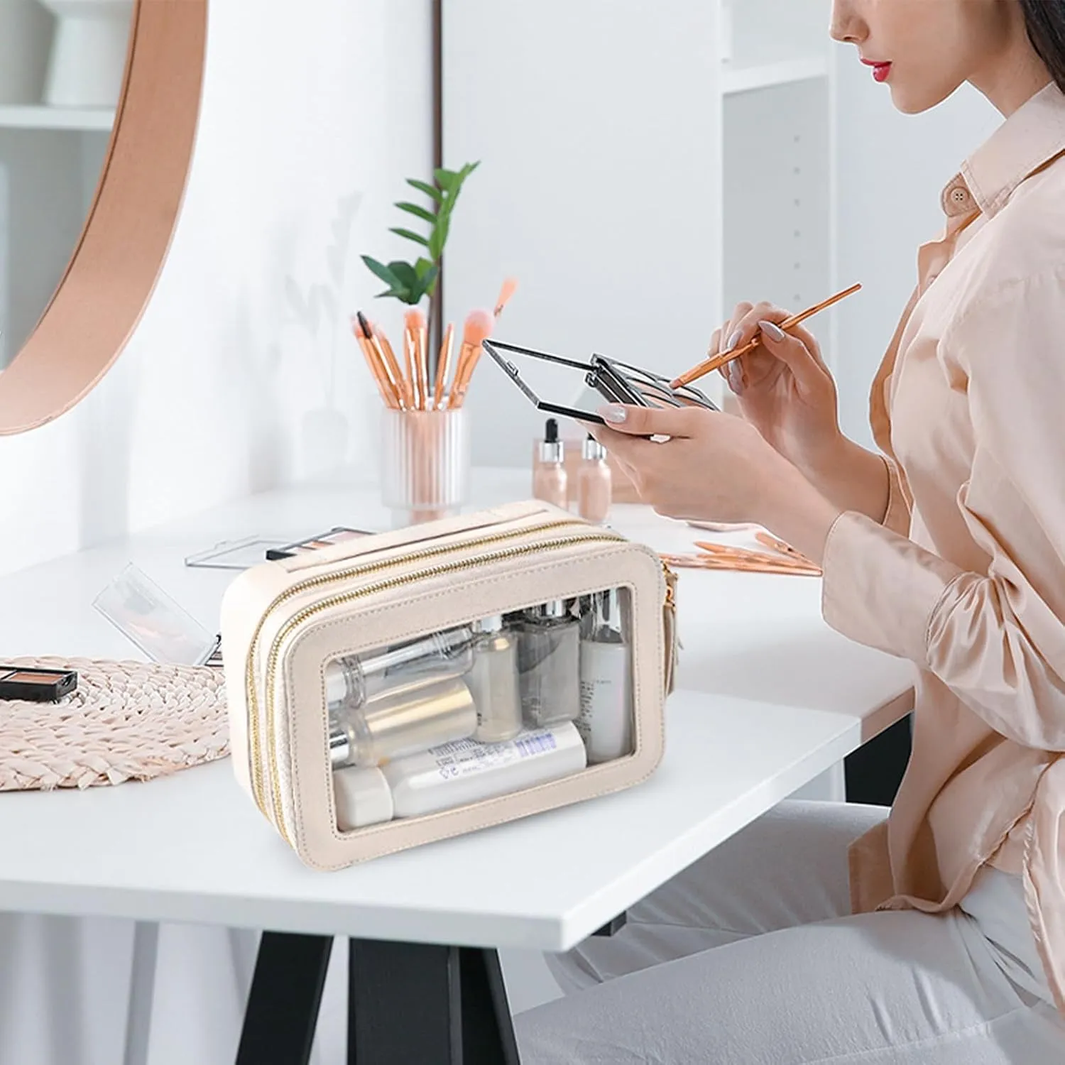 Clear Makeup Bag Double Layer Two Sided Travel Cosmetic Case Organizer for Women Toiletry Pouch with Transparent Vinyl Windows & Zippers (White)