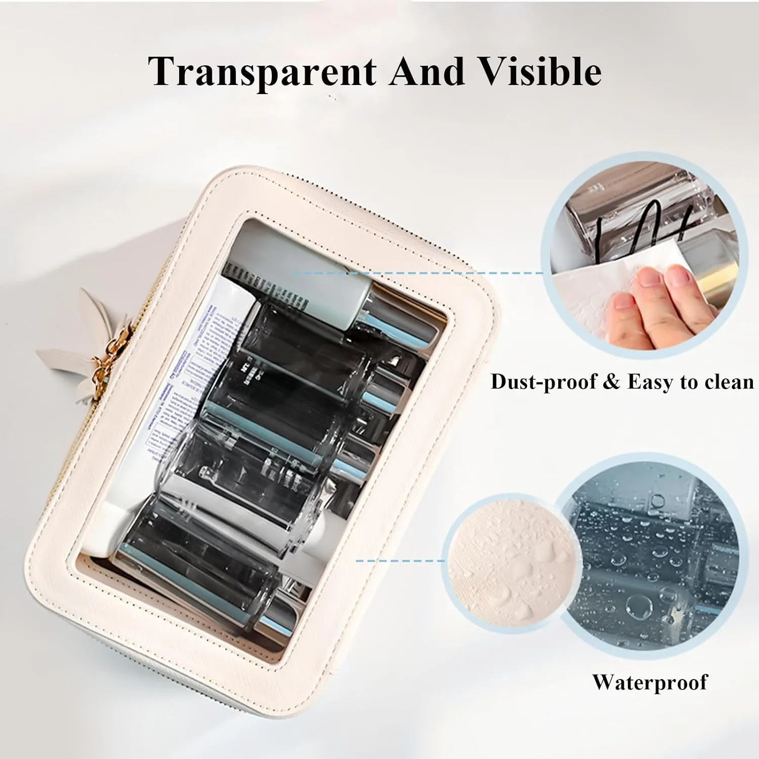 Clear Makeup Bag Double Layer Two Sided Travel Cosmetic Case Organizer for Women Toiletry Pouch with Transparent Vinyl Windows & Zippers (White)