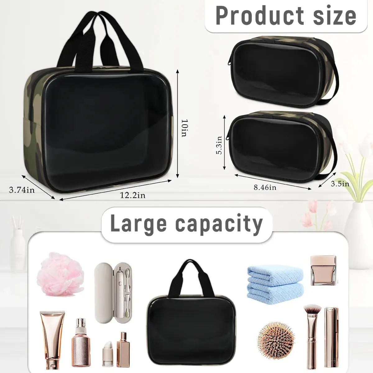Clear Makeup Bag for Women Men, 3Pcs Transparent Cosmetic Bags Waterpoof Toiletries Set Portable Toiletry Bags with Zipper for Travel Bathroom(Camouflage)