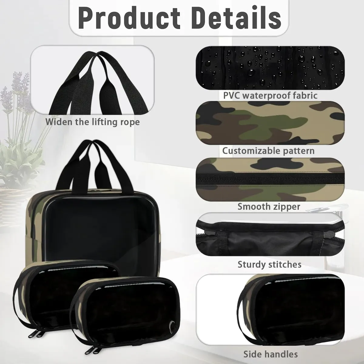 Clear Makeup Bag for Women Men, 3Pcs Transparent Cosmetic Bags Waterpoof Toiletries Set Portable Toiletry Bags with Zipper for Travel Bathroom(Camouflage)