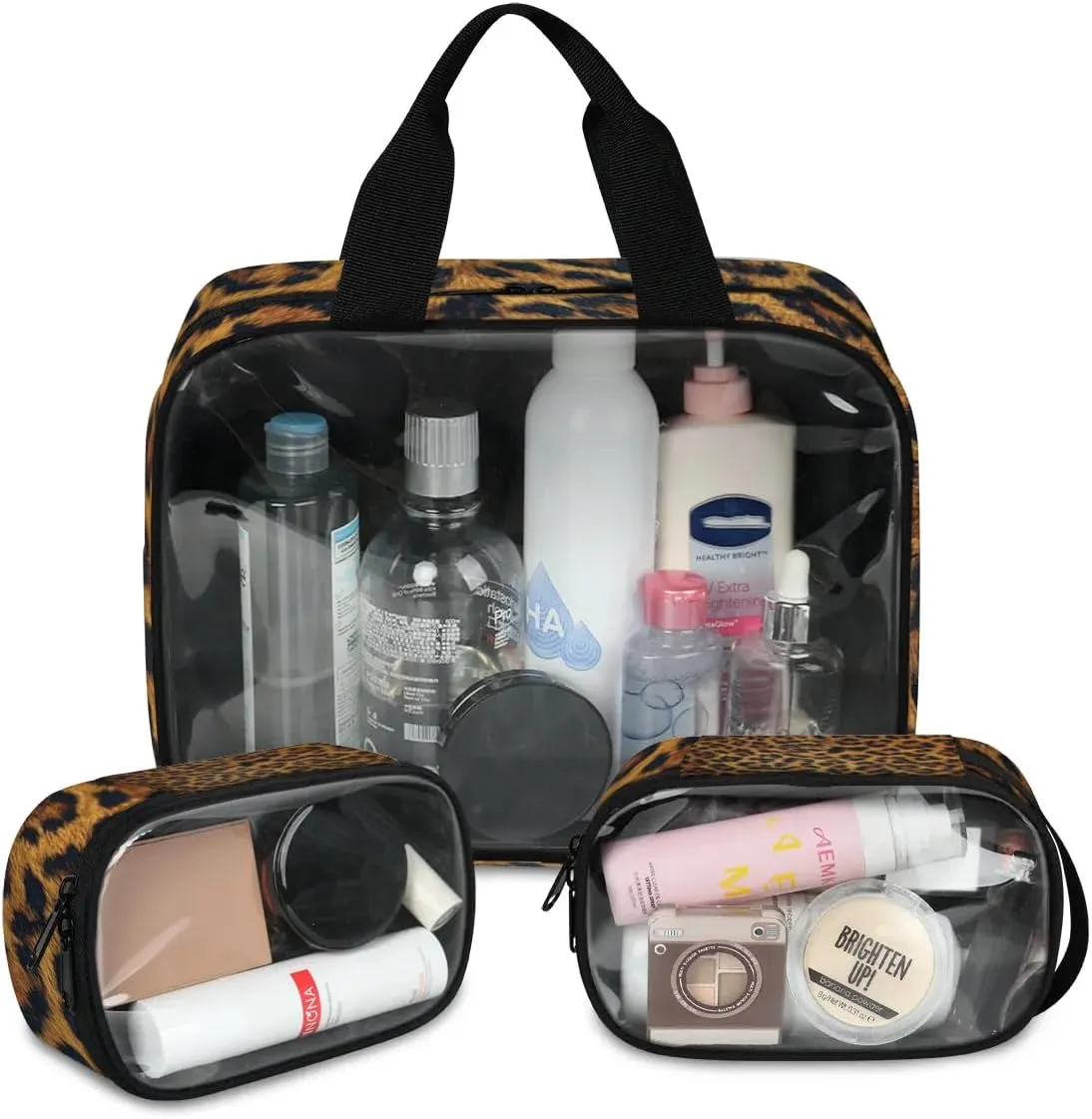 Clear Makeup Bag for Women Men, 3Pcs Transparent Cosmetic Bags Waterpoof Toiletries Set Portable Toiletry Bags with Zipper for Travel Bathroom(Leopard)