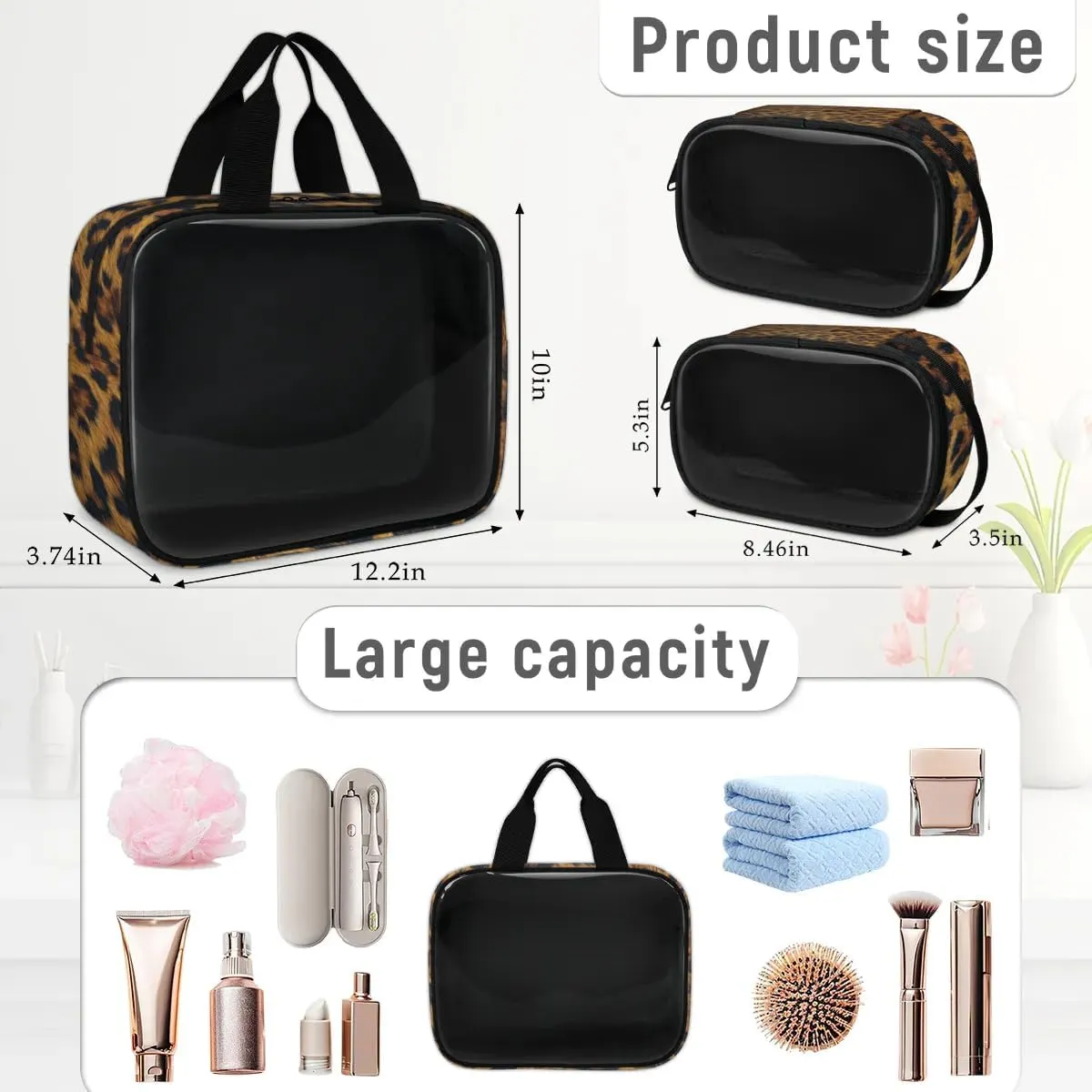 Clear Makeup Bag for Women Men, 3Pcs Transparent Cosmetic Bags Waterpoof Toiletries Set Portable Toiletry Bags with Zipper for Travel Bathroom(Leopard)