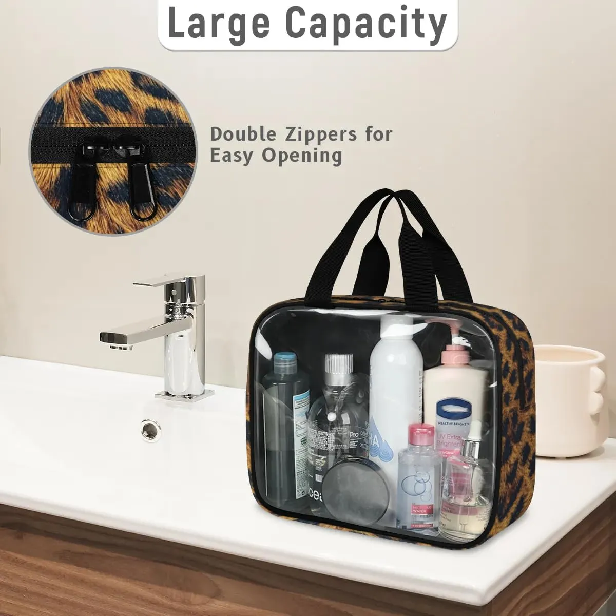 Clear Makeup Bag for Women Men, 3Pcs Transparent Cosmetic Bags Waterpoof Toiletries Set Portable Toiletry Bags with Zipper for Travel Bathroom(Leopard)