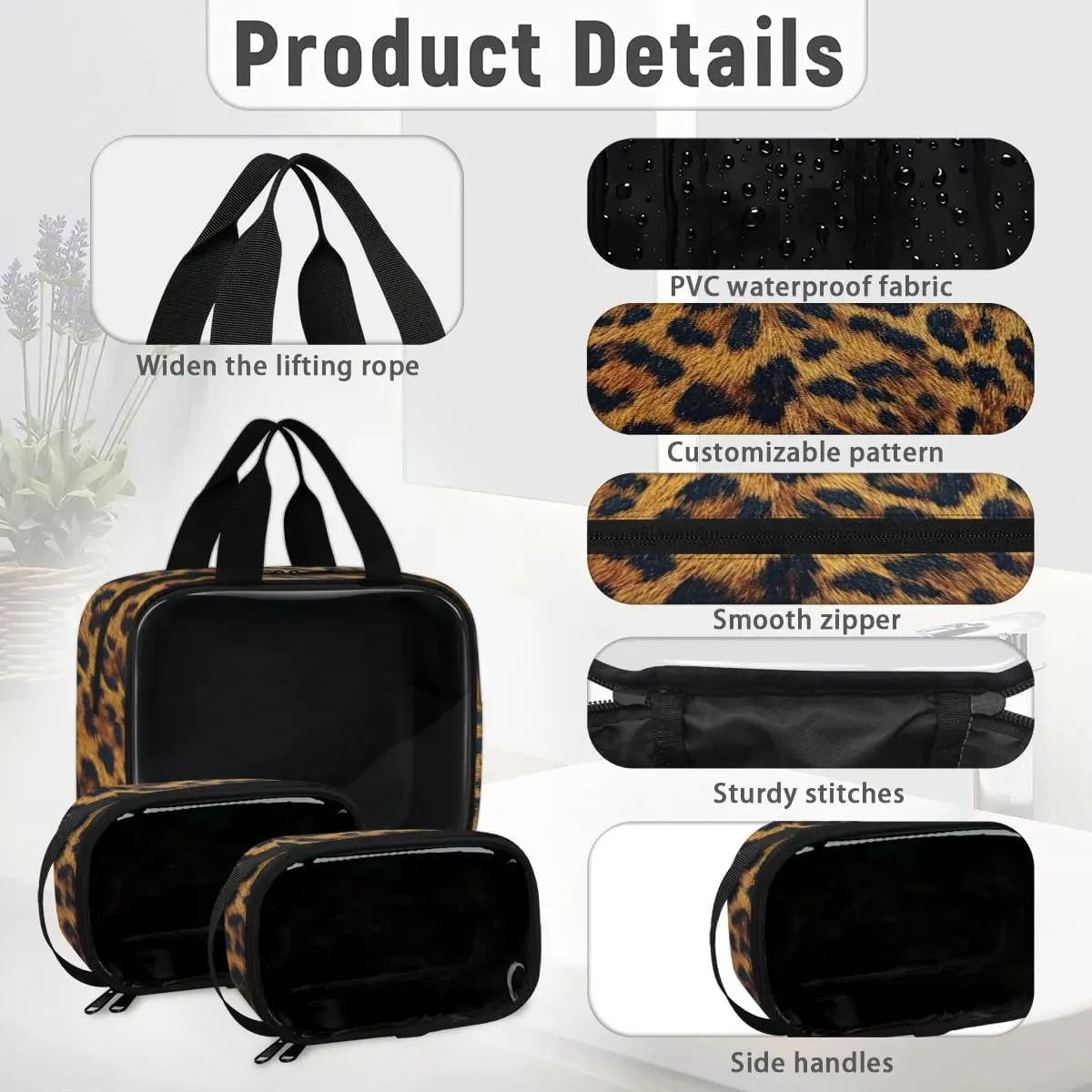 Clear Makeup Bag for Women Men, 3Pcs Transparent Cosmetic Bags Waterpoof Toiletries Set Portable Toiletry Bags with Zipper for Travel Bathroom(Leopard)