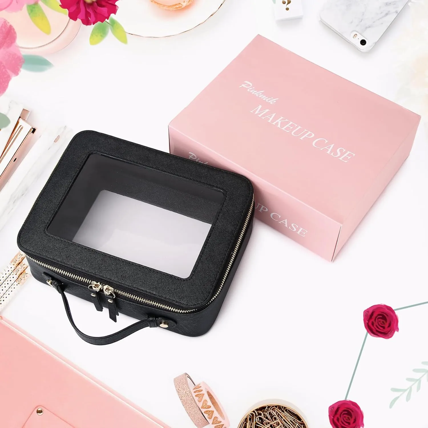 Clear Makeup Bag for Women Waterproof Travel Cosmetics and Toiletries Case Portable Makeup Oaganizer Bag Clear Car Bag with Zipper (Black, L-1)