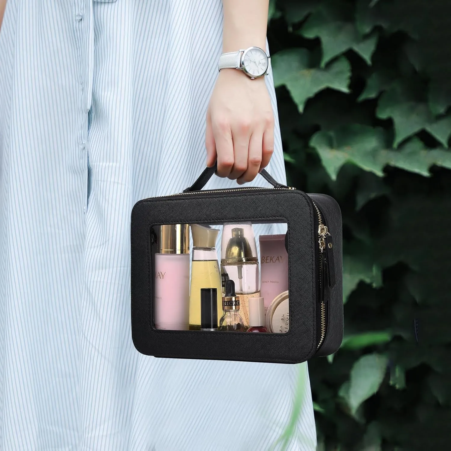 Clear Makeup Bag for Women Waterproof Travel Cosmetics and Toiletries Case Portable Makeup Oaganizer Bag Clear Car Bag with Zipper (Black, L-1)