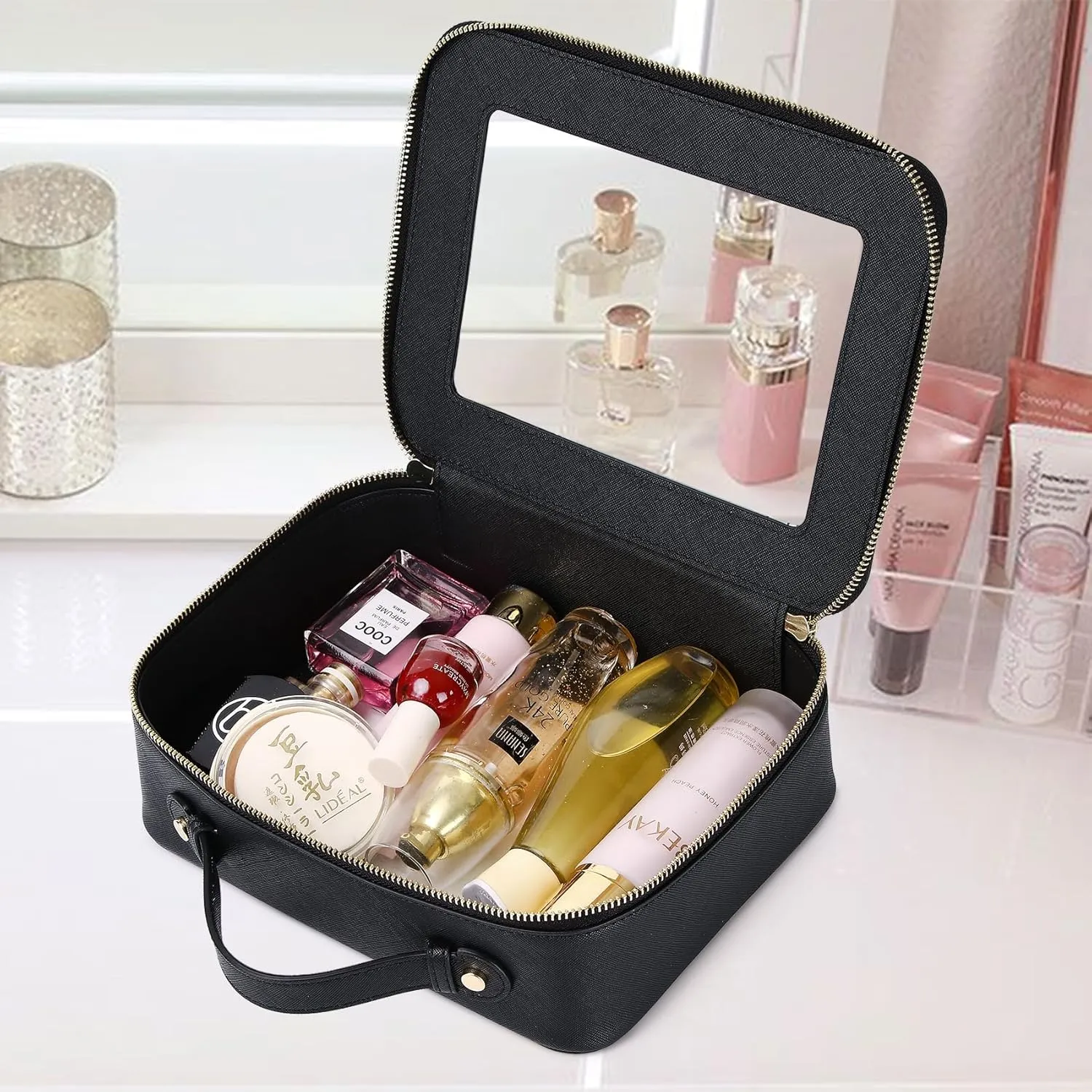 Clear Makeup Bag for Women Waterproof Travel Cosmetics and Toiletries Case Portable Makeup Oaganizer Bag Clear Car Bag with Zipper (Black, L-1)