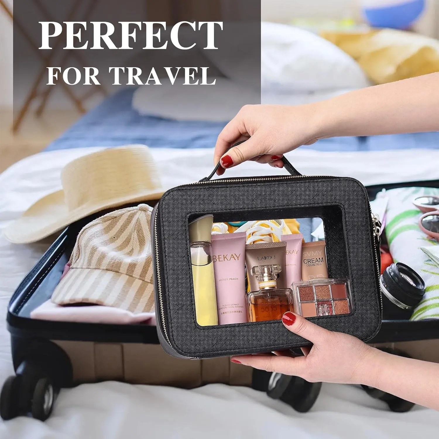 Clear Makeup Bag for Women Waterproof Travel Cosmetics and Toiletries Case Portable Makeup Oaganizer Bag Clear Car Bag with Zipper (Black, L-1)