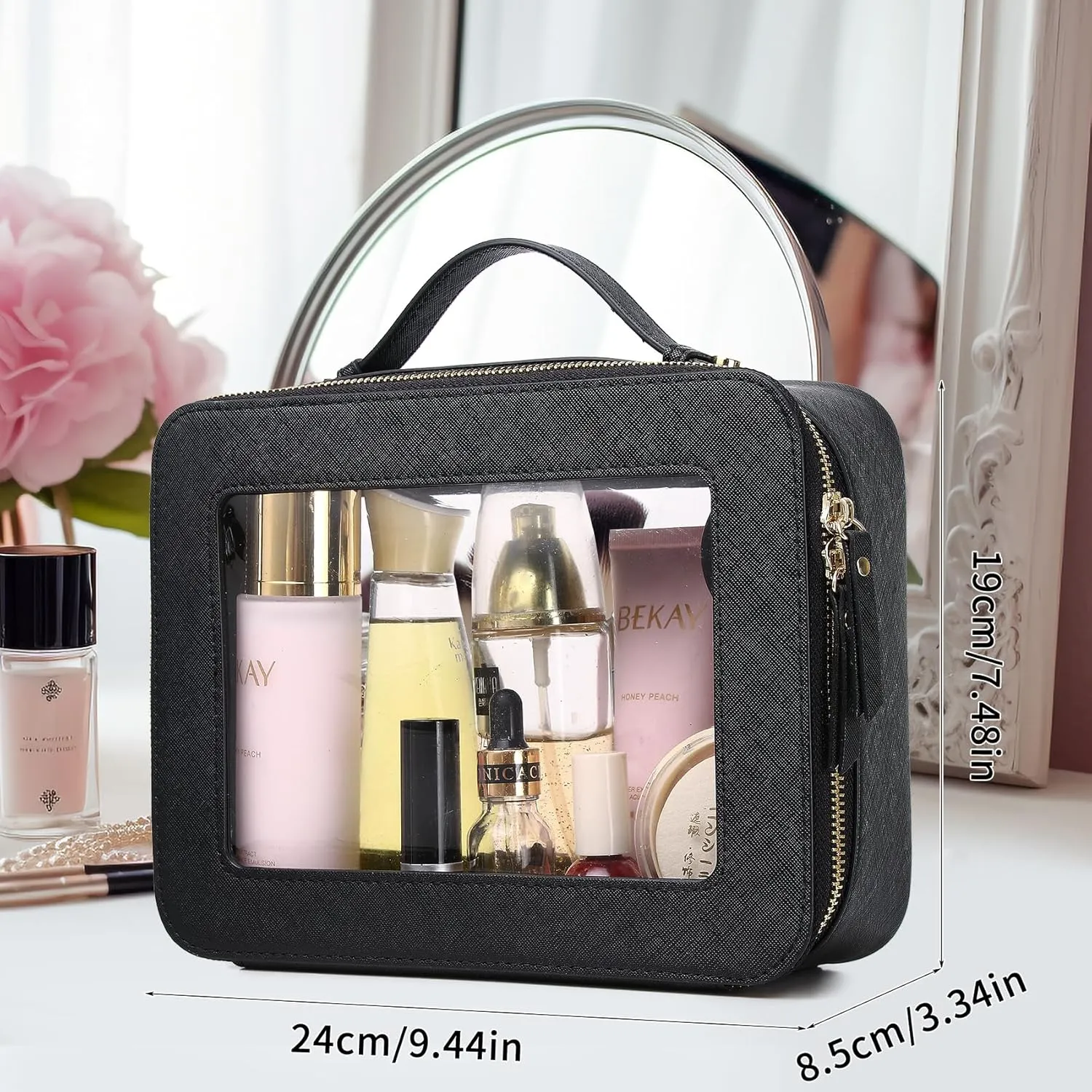 Clear Makeup Bag for Women Waterproof Travel Cosmetics and Toiletries Case Portable Makeup Oaganizer Bag Clear Car Bag with Zipper (Black, L-1)