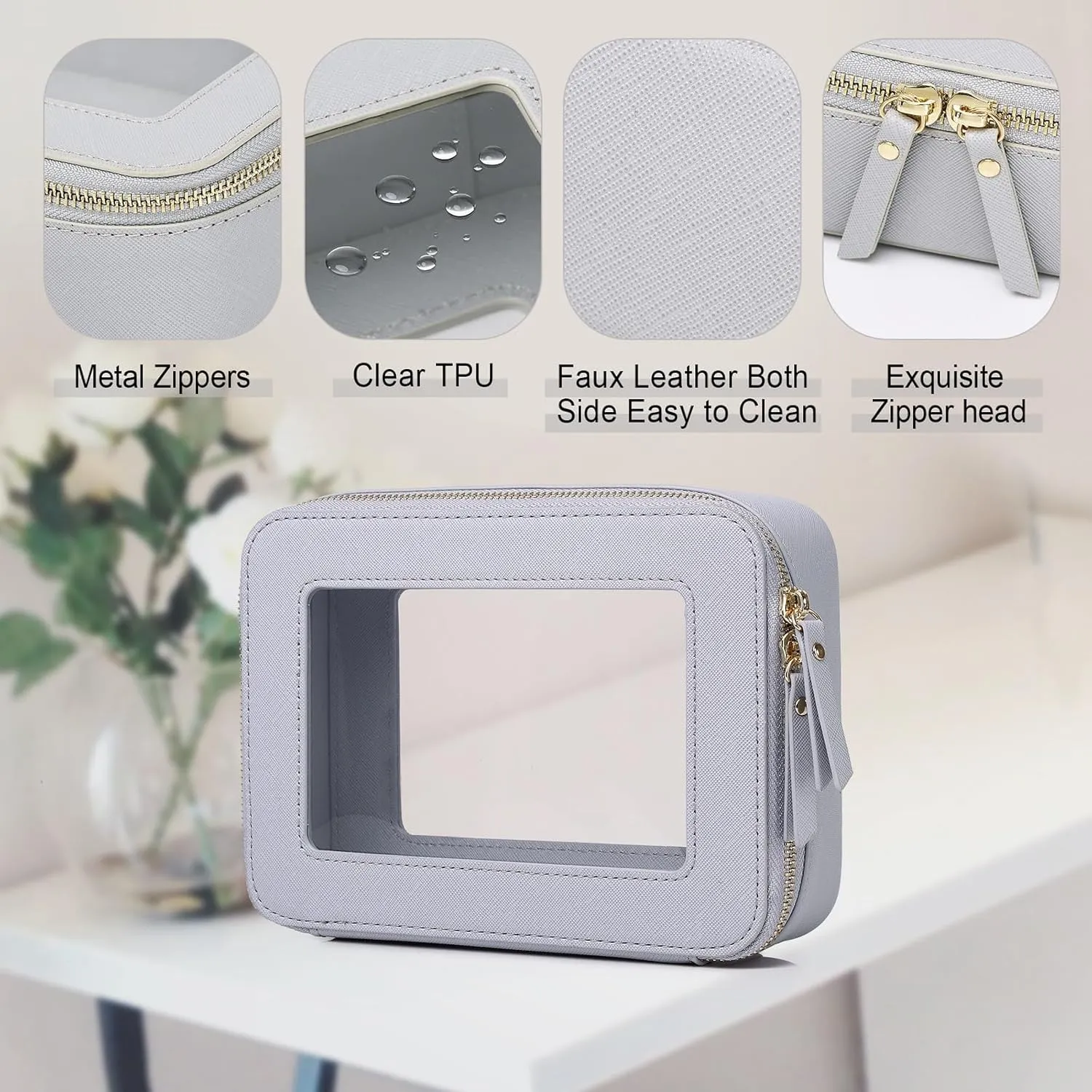 Clear Makeup Bag for Women Waterproof Travel Cosmetics and Toiletries Case Portable Makeup Oaganizer Bag Clear Car Bag with Zipper (Gray, M)