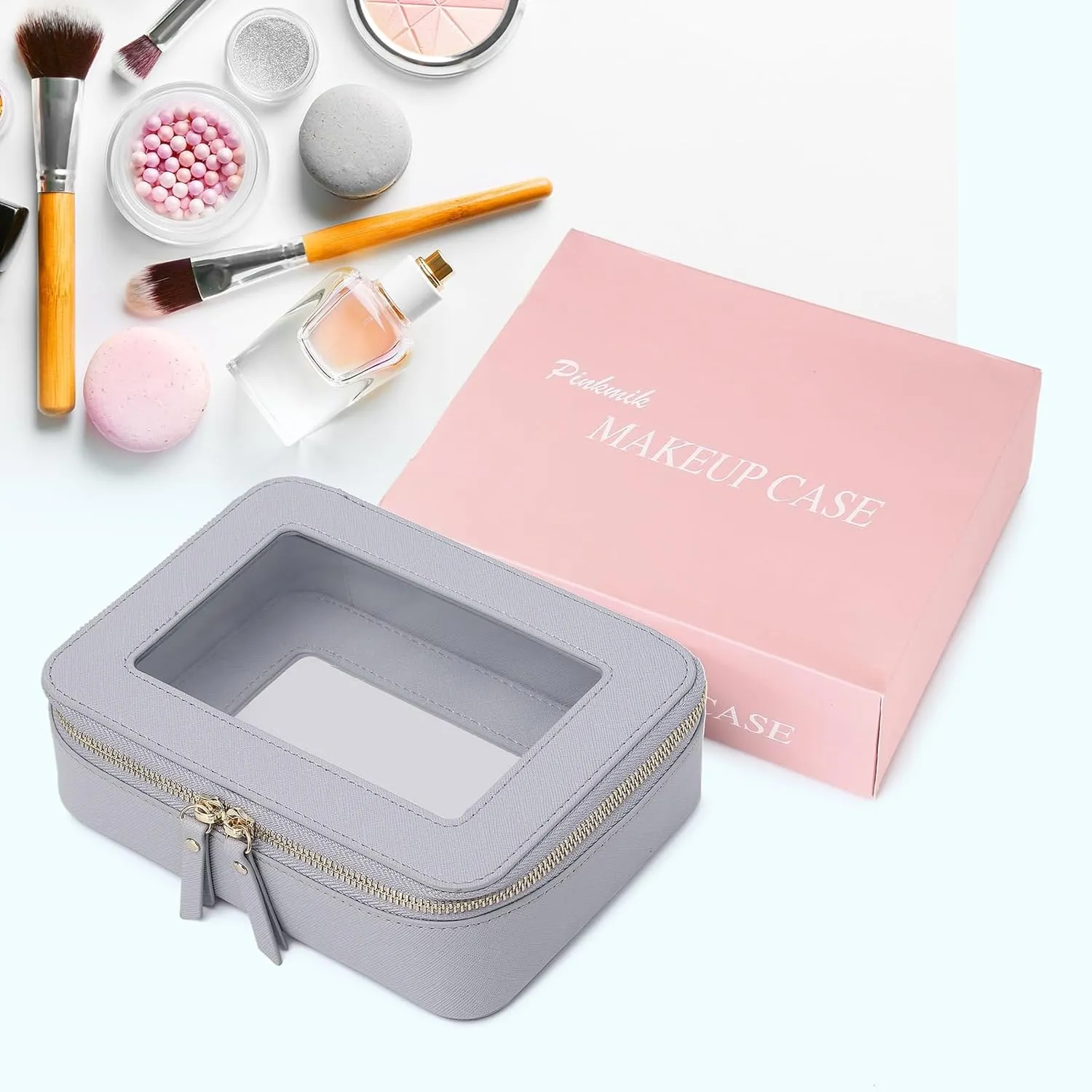 Clear Makeup Bag for Women Waterproof Travel Cosmetics and Toiletries Case Portable Makeup Oaganizer Bag Clear Car Bag with Zipper (Gray, M)