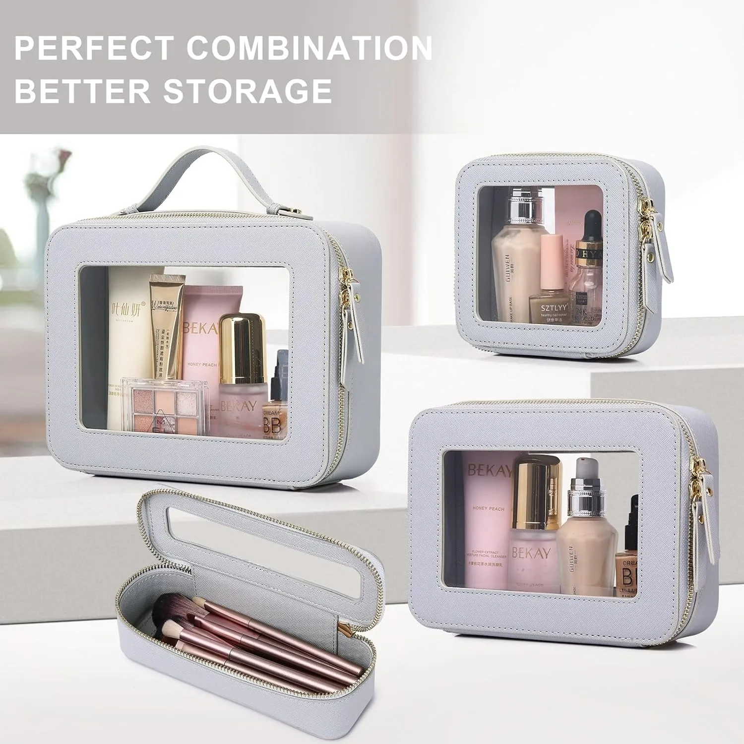 Clear Makeup Bag for Women Waterproof Travel Cosmetics and Toiletries Case Portable Makeup Oaganizer Bag Clear Car Bag with Zipper (Gray, M)