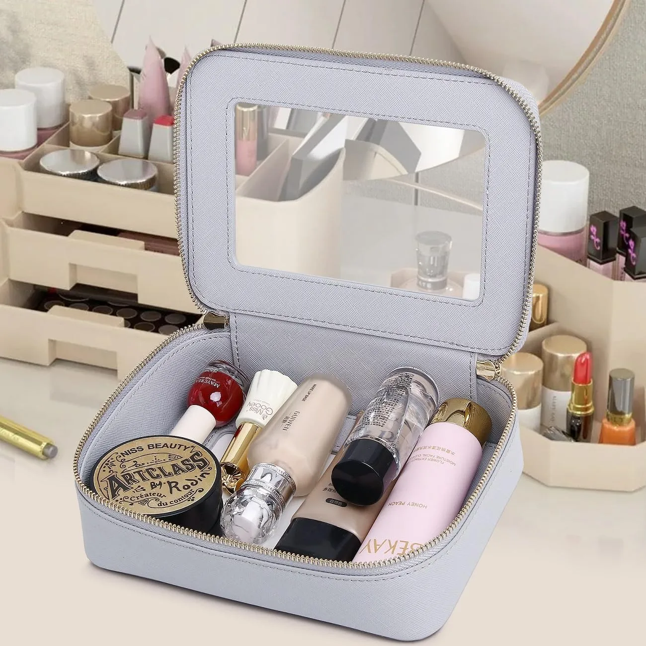 Clear Makeup Bag for Women Waterproof Travel Cosmetics and Toiletries Case Portable Makeup Oaganizer Bag Clear Car Bag with Zipper (Gray, M)