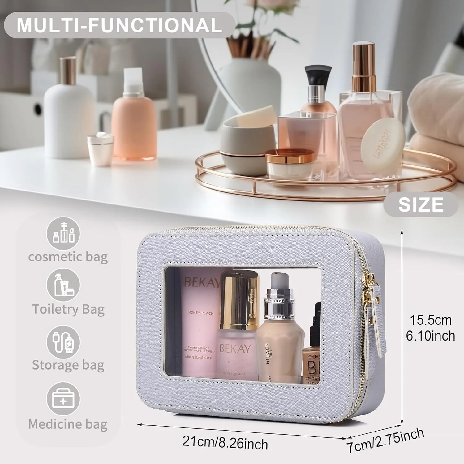 Clear Makeup Bag for Women Waterproof Travel Cosmetics and Toiletries Case Portable Makeup Oaganizer Bag Clear Car Bag with Zipper (Gray, M)