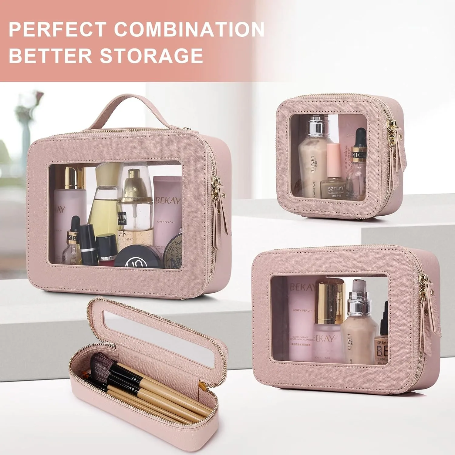Clear Makeup Bag for Women Waterproof Travel Cosmetics and Toiletries Case Portable Makeup Oaganizer Bag Clear Car Bag with Zipper (Pink, M)