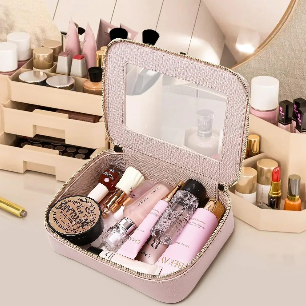 Clear Makeup Bag for Women Waterproof Travel Cosmetics and Toiletries Case Portable Makeup Oaganizer Bag Clear Car Bag with Zipper (Pink, M)