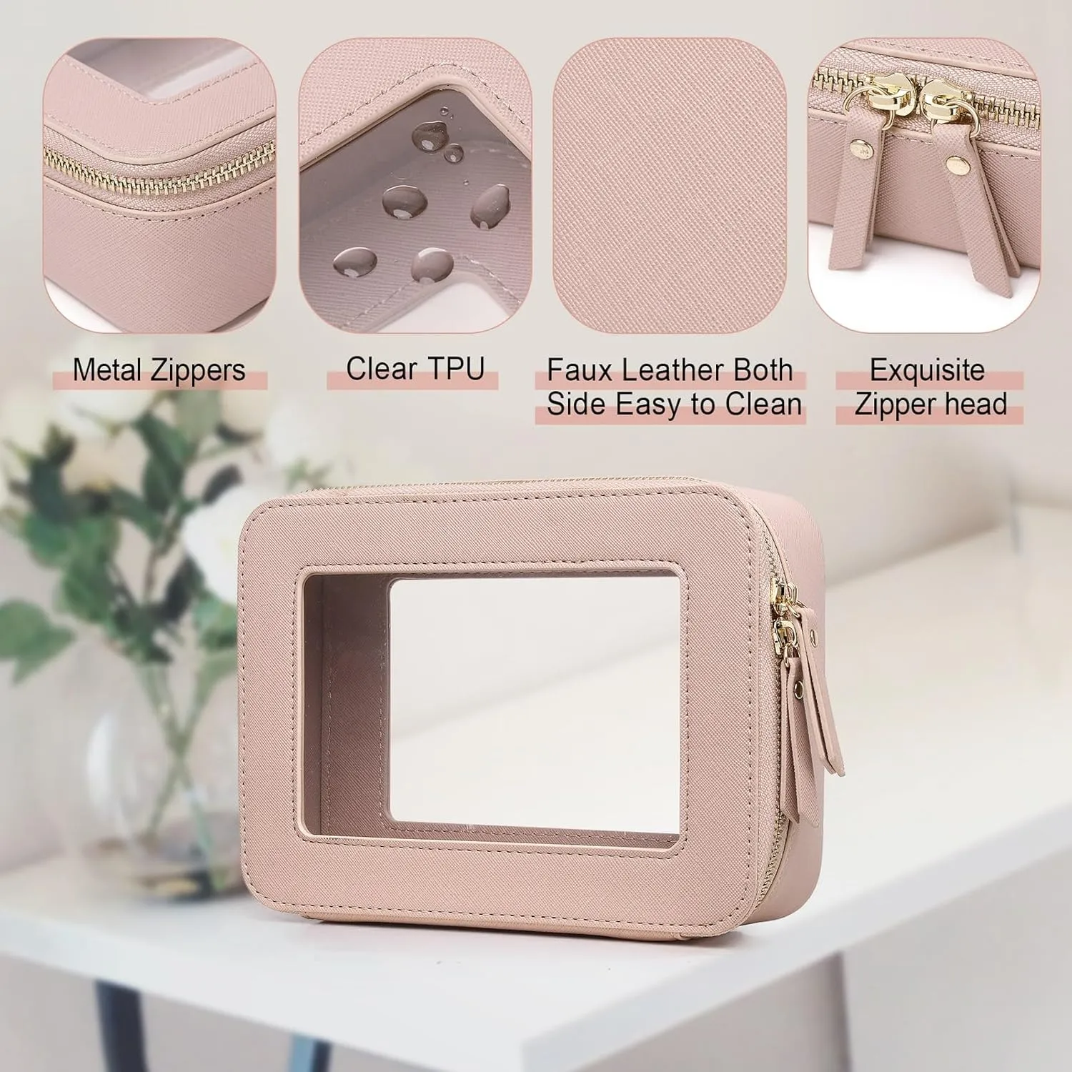 Clear Makeup Bag for Women Waterproof Travel Cosmetics and Toiletries Case Portable Makeup Oaganizer Bag Clear Car Bag with Zipper (Pink, M)