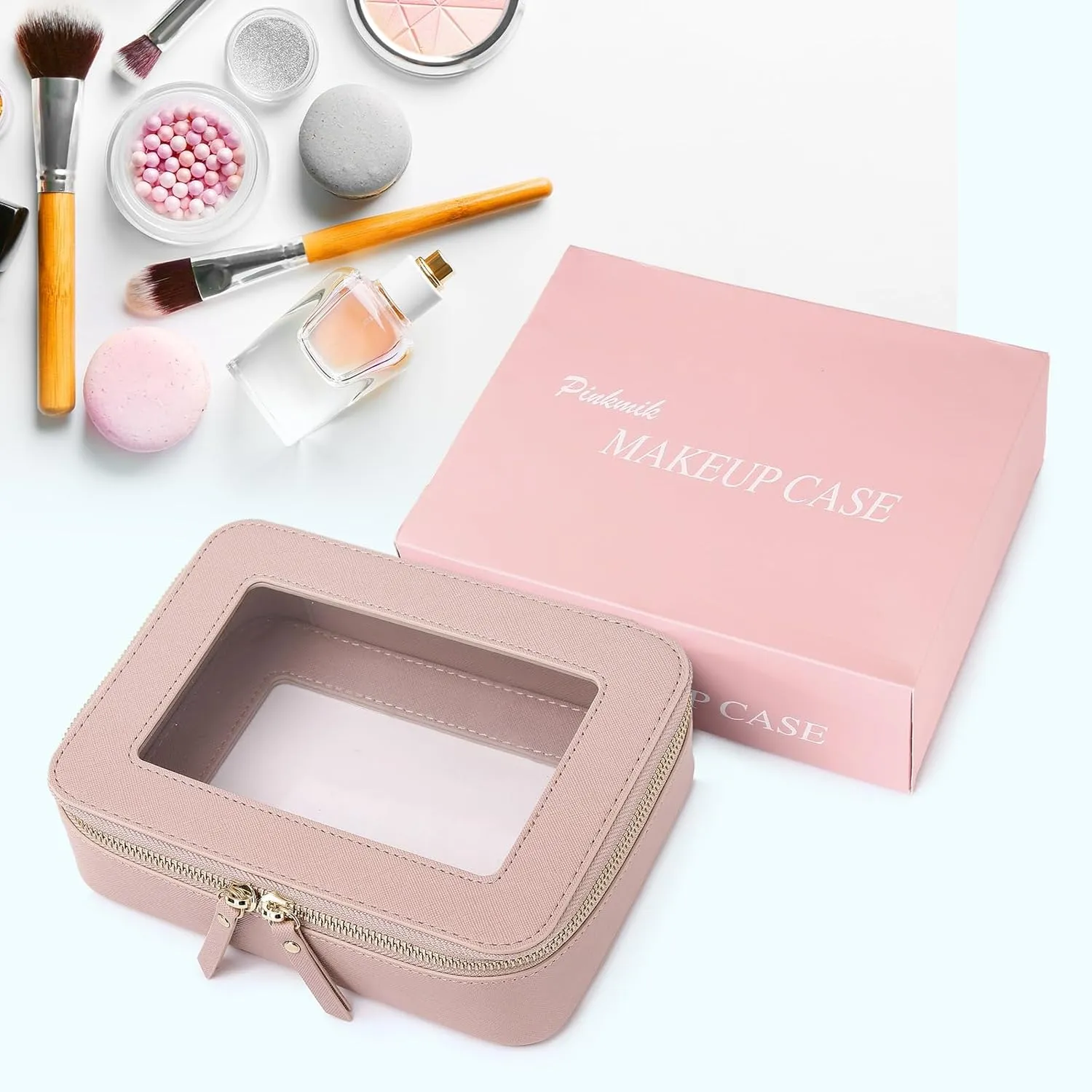Clear Makeup Bag for Women Waterproof Travel Cosmetics and Toiletries Case Portable Makeup Oaganizer Bag Clear Car Bag with Zipper (Pink, M)